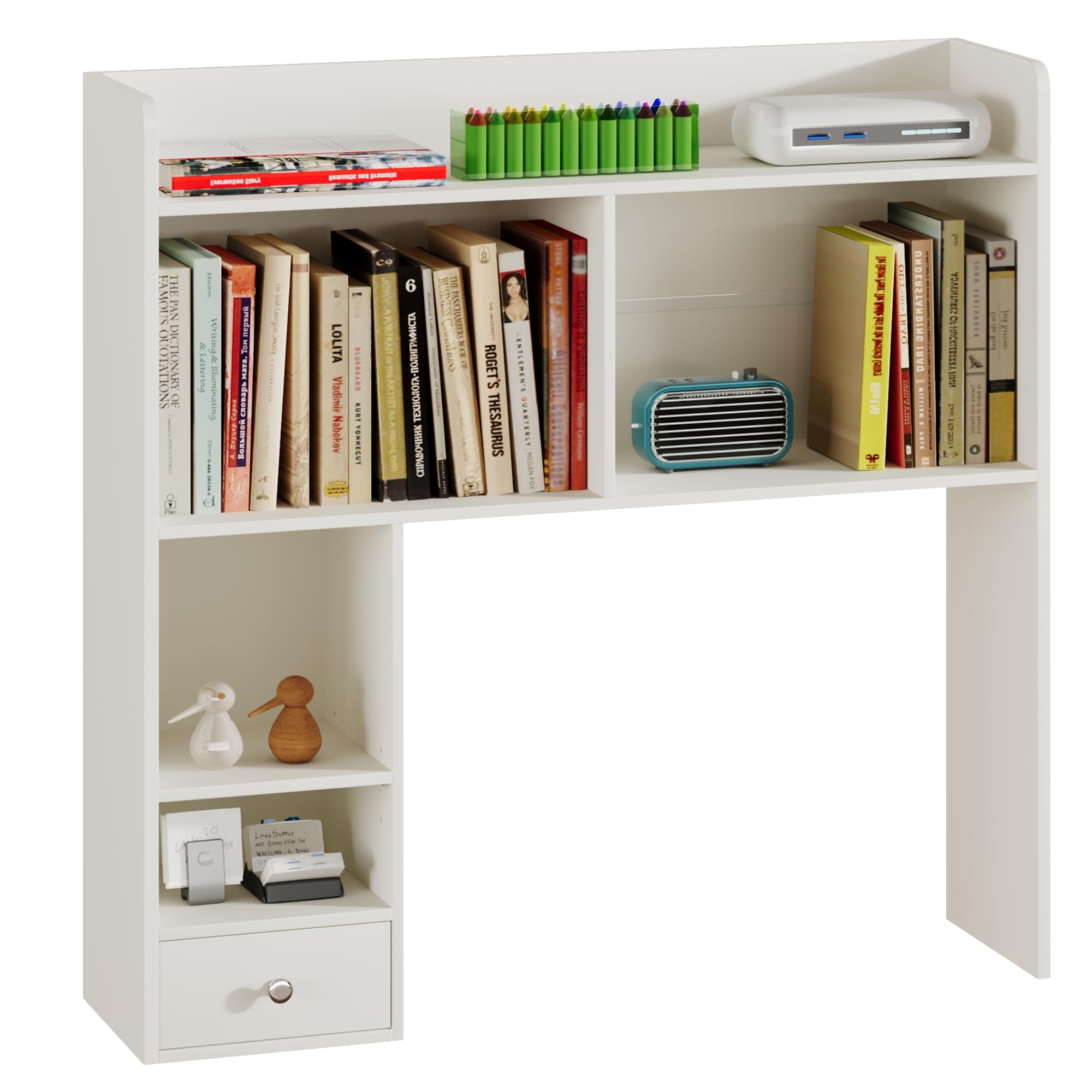 ChooChoo Desktop Bookshelf, 36.4" Tall Countertop Desk Hutch with 5 Shelves and 1 Drawer for Computer Desk, Desk Shelf Organizer for Dorm Office Home,White - Image 7