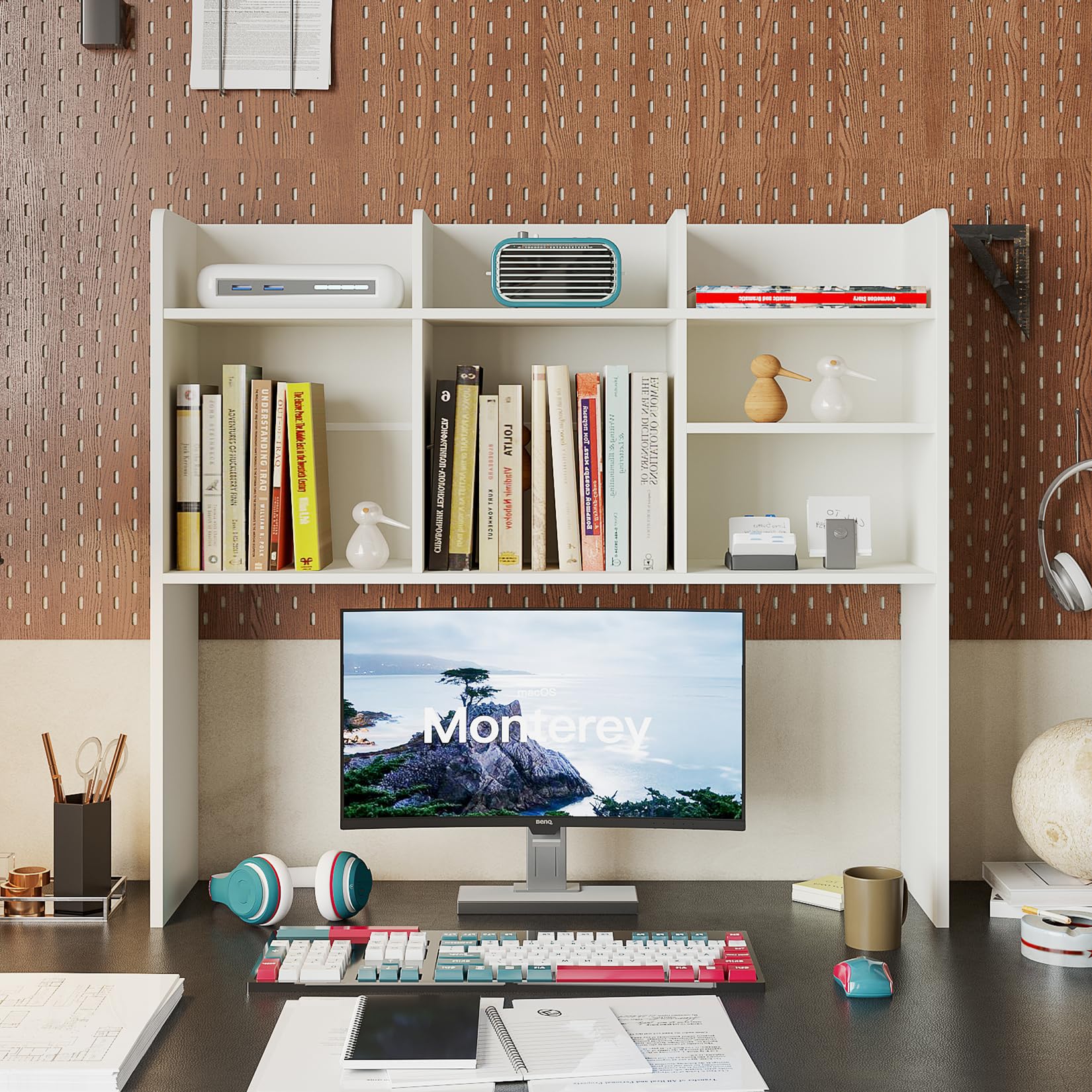 ChooChoo Desktop Bookshelf, Wood Desk Hutch Organizer with 7 Shelves for Computer Desk, Desktop Shelf Bookshelf Storage for College Dorm Office Home, White - Image 3