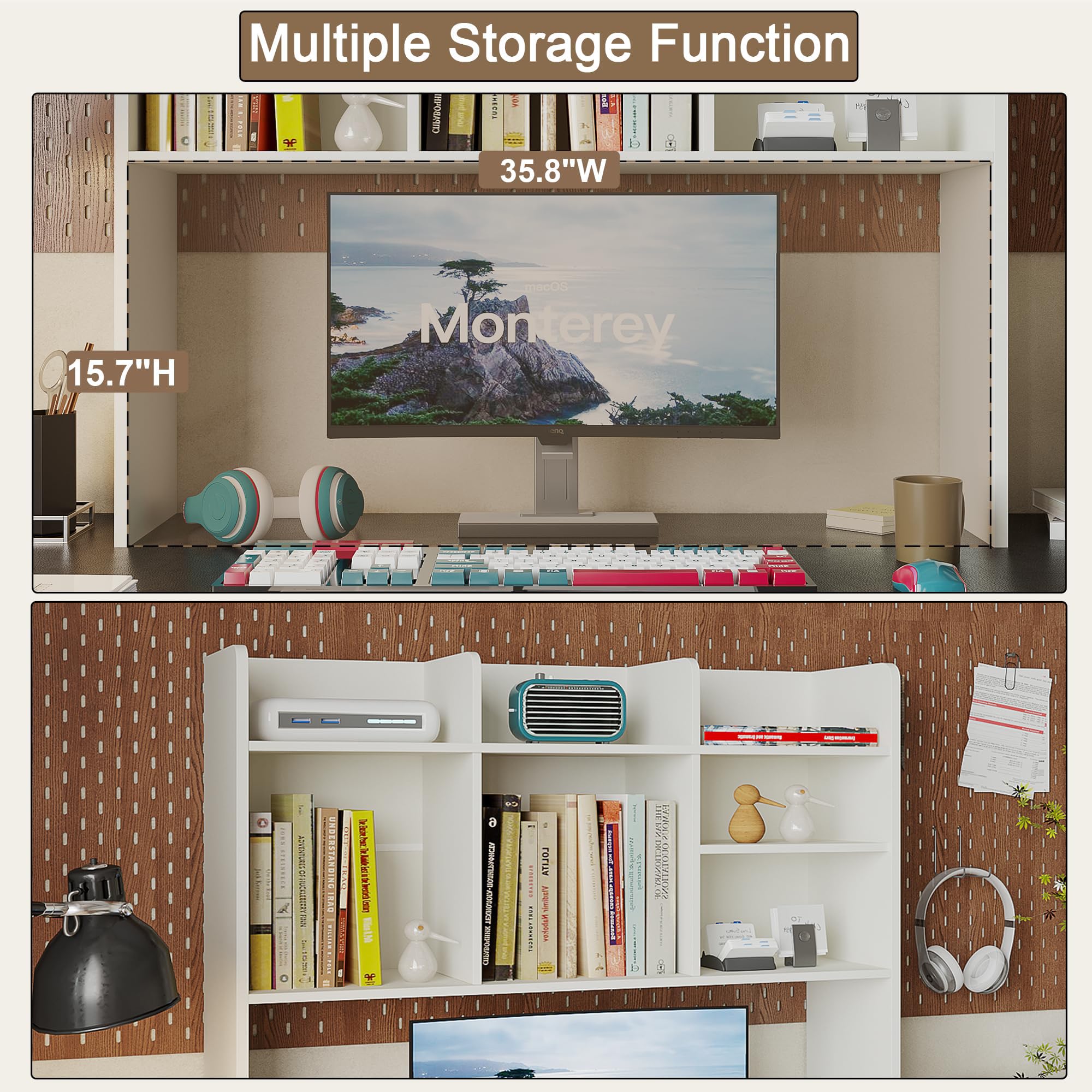 ChooChoo Desktop Bookshelf, Wood Desk Hutch Organizer with 7 Shelves for Computer Desk, Desktop Shelf Bookshelf Storage for College Dorm Office Home, White - Image 5