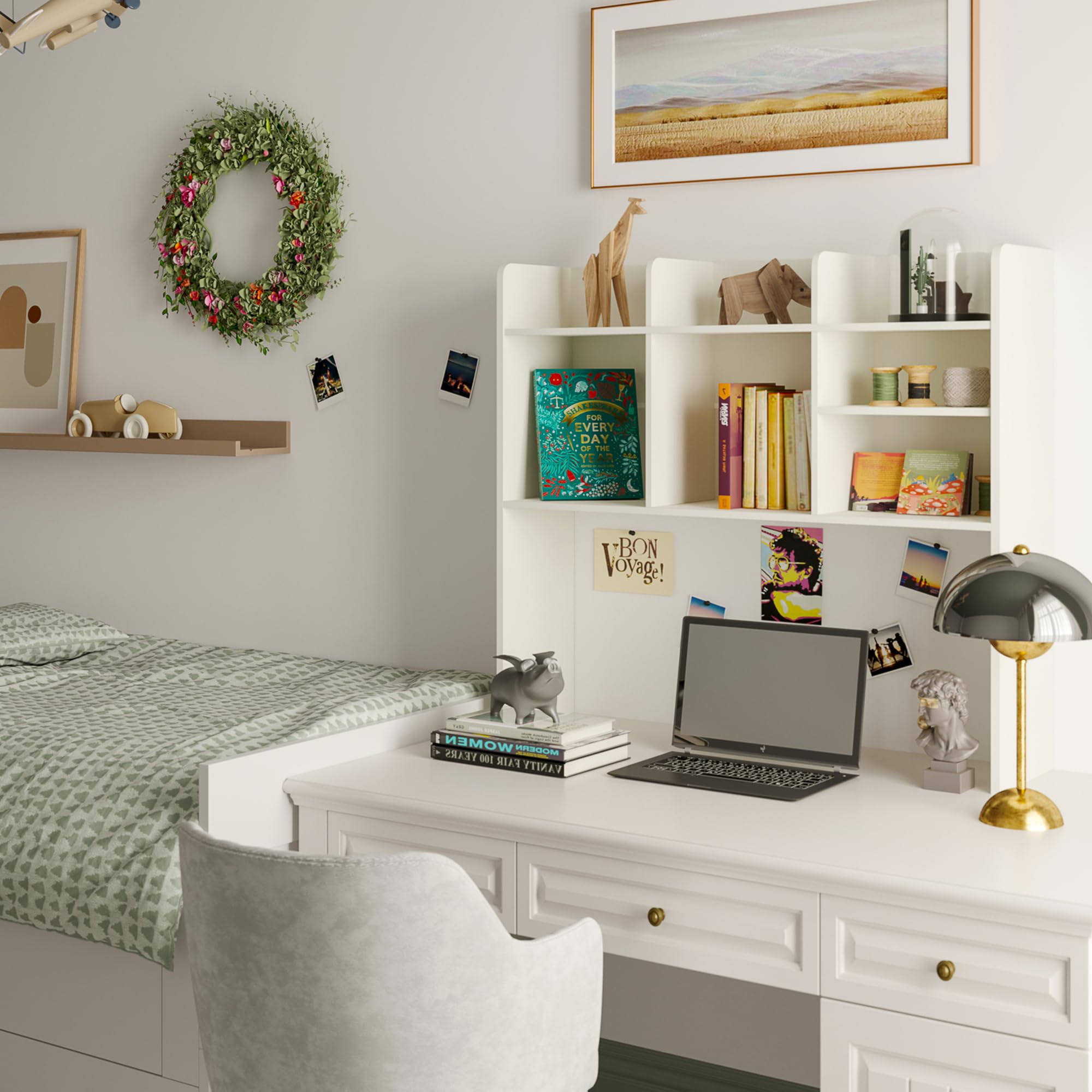 ChooChoo Desktop Bookshelf, Wood Desk Hutch Organizer with 7 Shelves for Computer Desk, Desktop Shelf Bookshelf Storage for College Dorm Office Home, White - Image 6