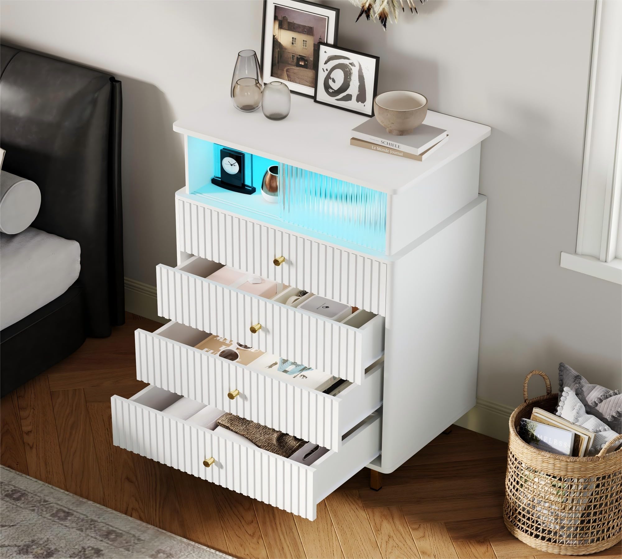 ChooChoo Dresser for Bedroom with Large Capacity, 4 Drawer Dresser with LED and Acrylic, Modern White and Gold Dresser Tall, Chest of Drawers with Storage Space for Hallway, Entryway (White) - Image 3