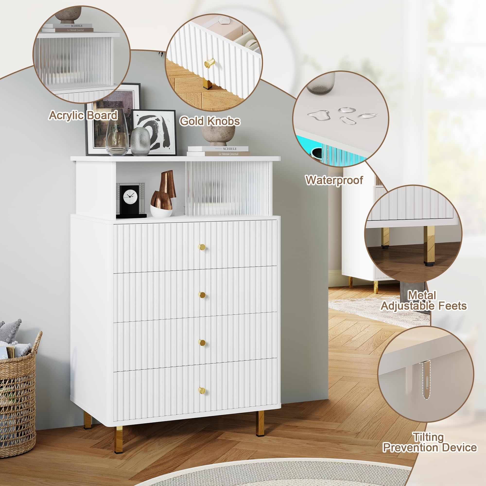ChooChoo Dresser for Bedroom with Large Capacity, 4 Drawer Dresser with LED and Acrylic, Modern White and Gold Dresser Tall, Chest of Drawers with Storage Space for Hallway, Entryway (White) - Image 5