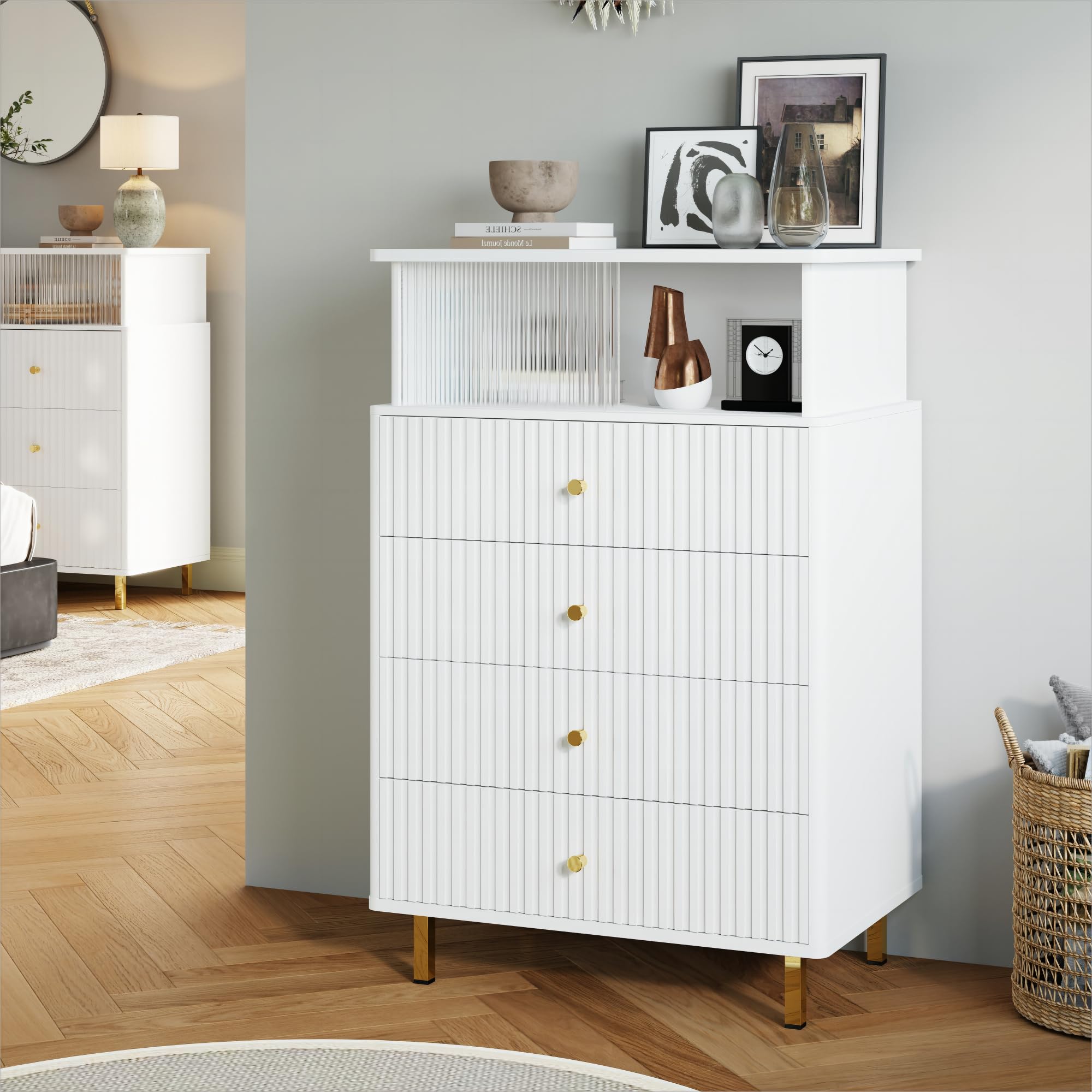 ChooChoo Dresser for Bedroom with Large Capacity, 4 Drawer Dresser with LED and Acrylic, Modern White and Gold Dresser Tall, Chest of Drawers with Storage Space for Hallway, Entryway (White) - Image 7