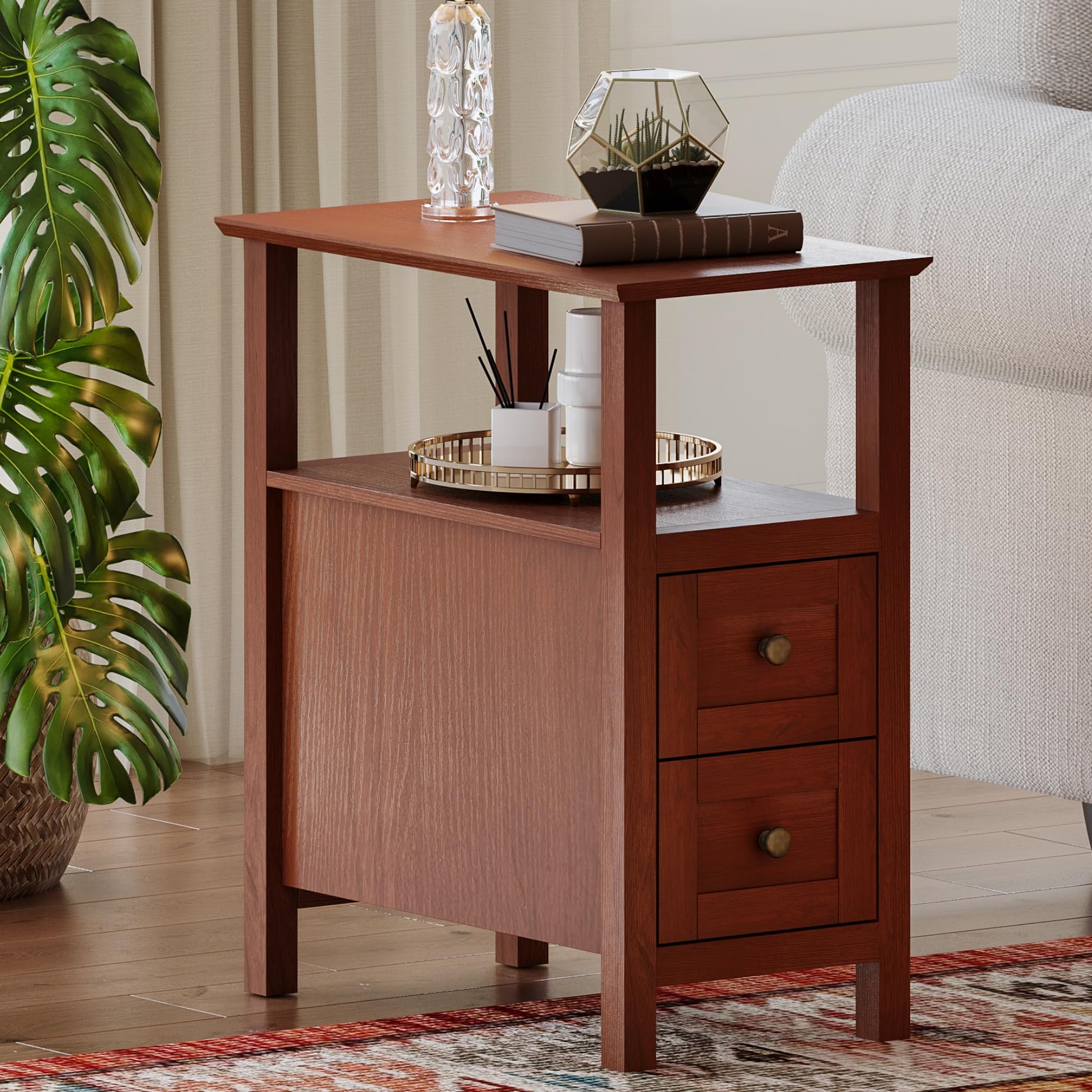 ChooChoo End Tables Living Room Set of 2, 3-Tier Narrow Nightstand with with 2 Drawers, Slim Bedside Tables for Living Room, Bedroom, Small Space, Cherry Brown - Image 4