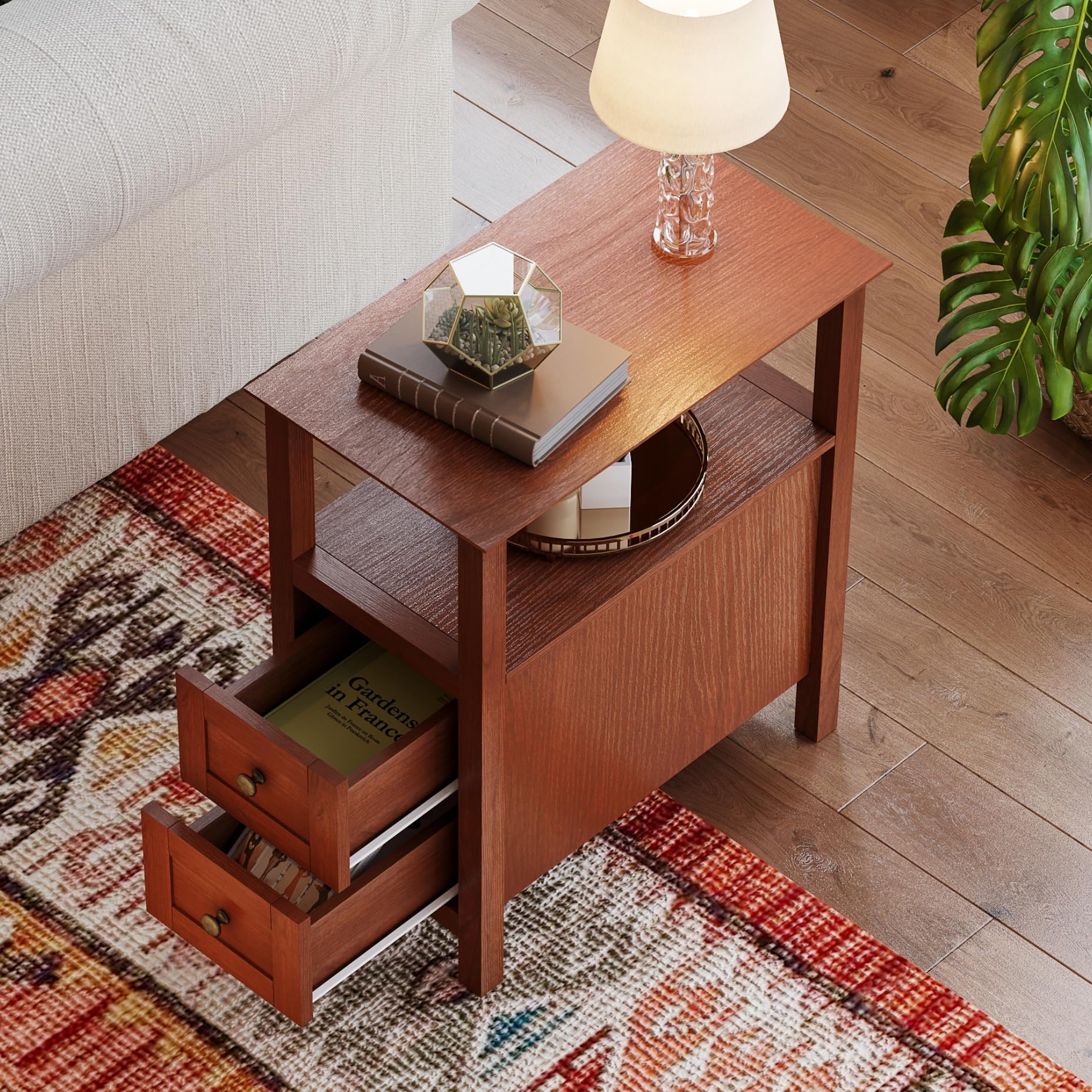 ChooChoo End Tables Living Room Set of 2, 3-Tier Narrow Nightstand with with 2 Drawers, Slim Bedside Tables for Living Room, Bedroom, Small Space, Cherry Brown - Image 5