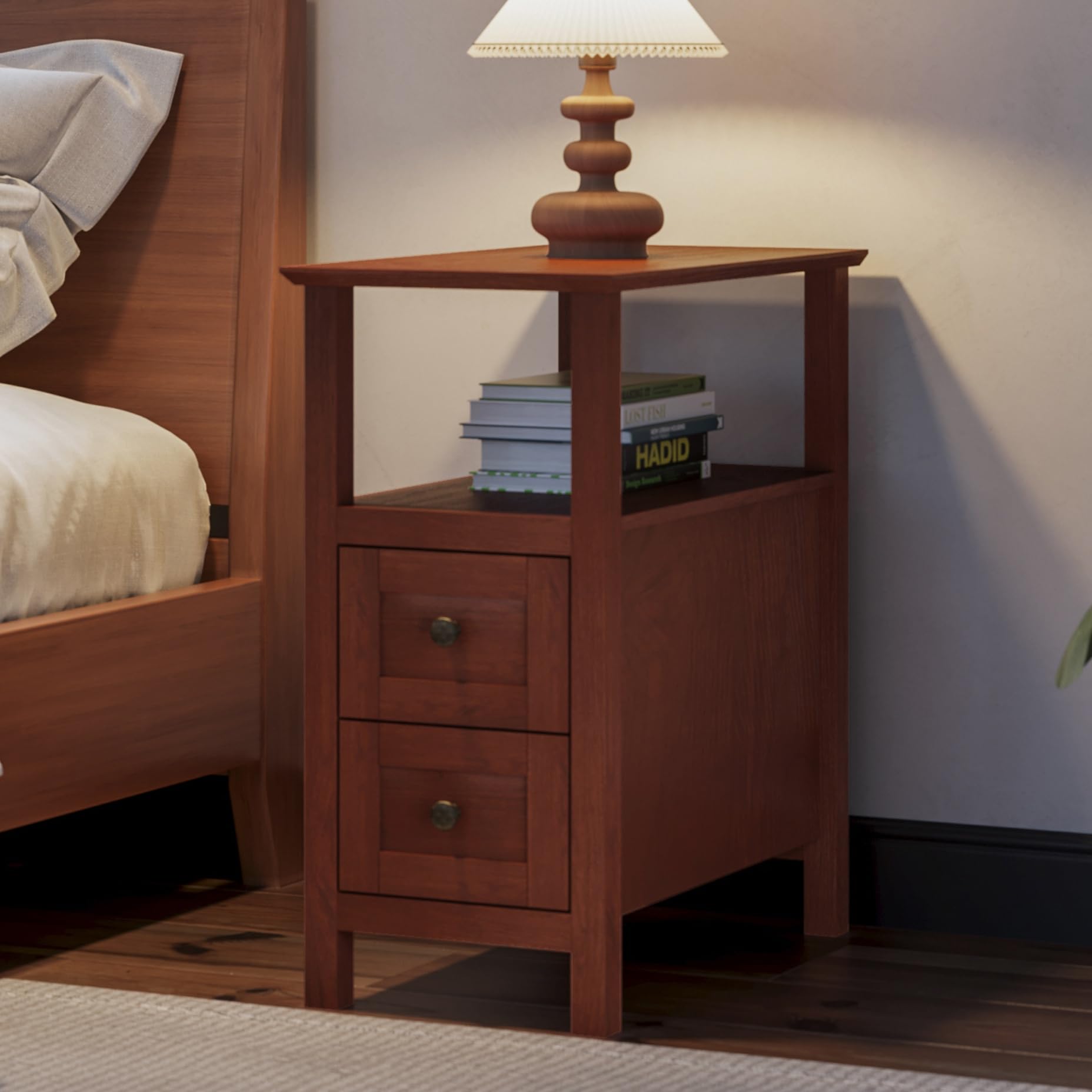 ChooChoo End Tables Living Room Set of 2, 3-Tier Narrow Nightstand with with 2 Drawers, Slim Bedside Tables for Living Room, Bedroom, Small Space, Cherry Brown - Image 7