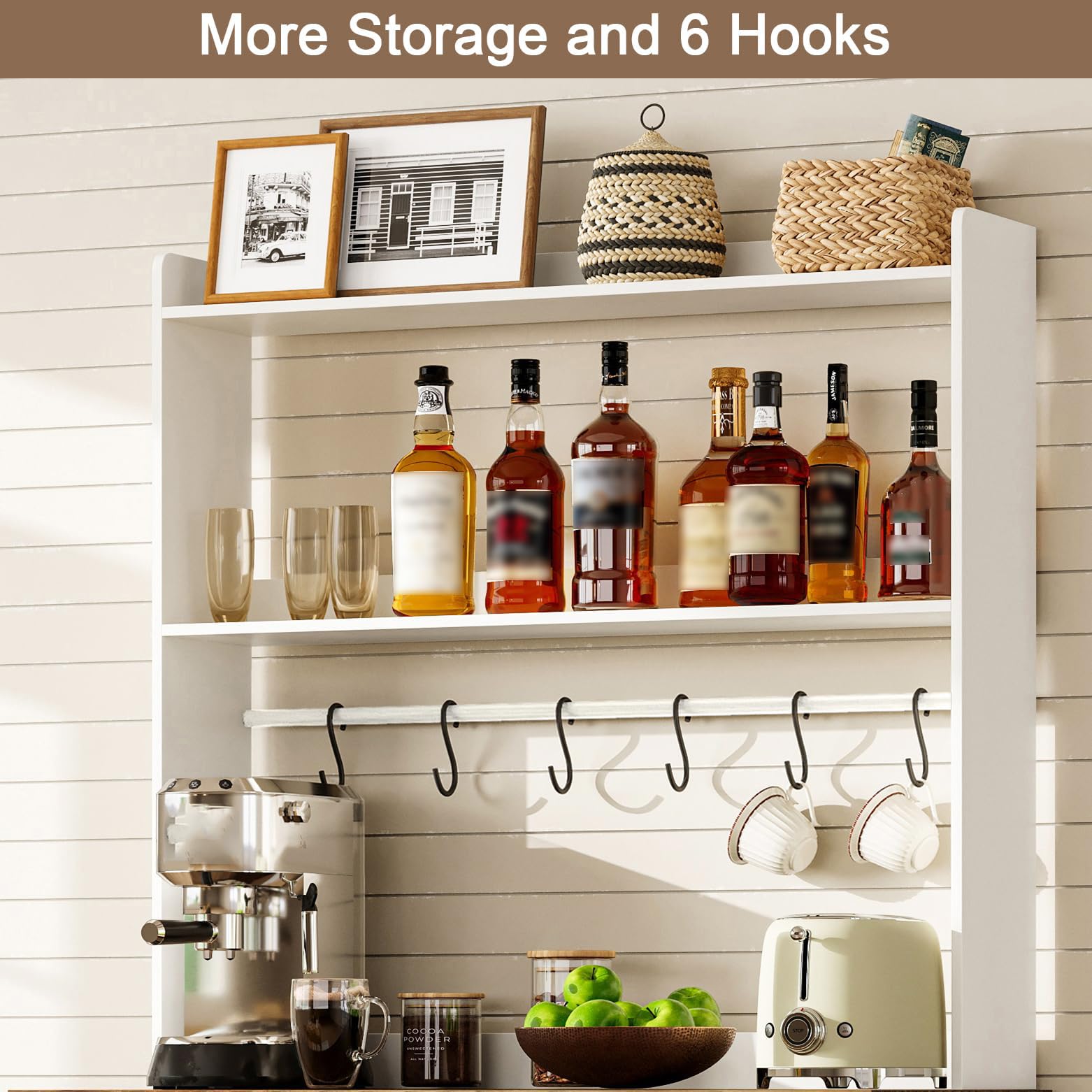 ChooChoo Farmhouse Bakers Rack with Power Outlets and Storage, Coffee Bar Cabinet with Storage, Microwave Stand Kitchen Cabinet with Hutch and 6 Hooks, Soft White & Brown - Image 5
