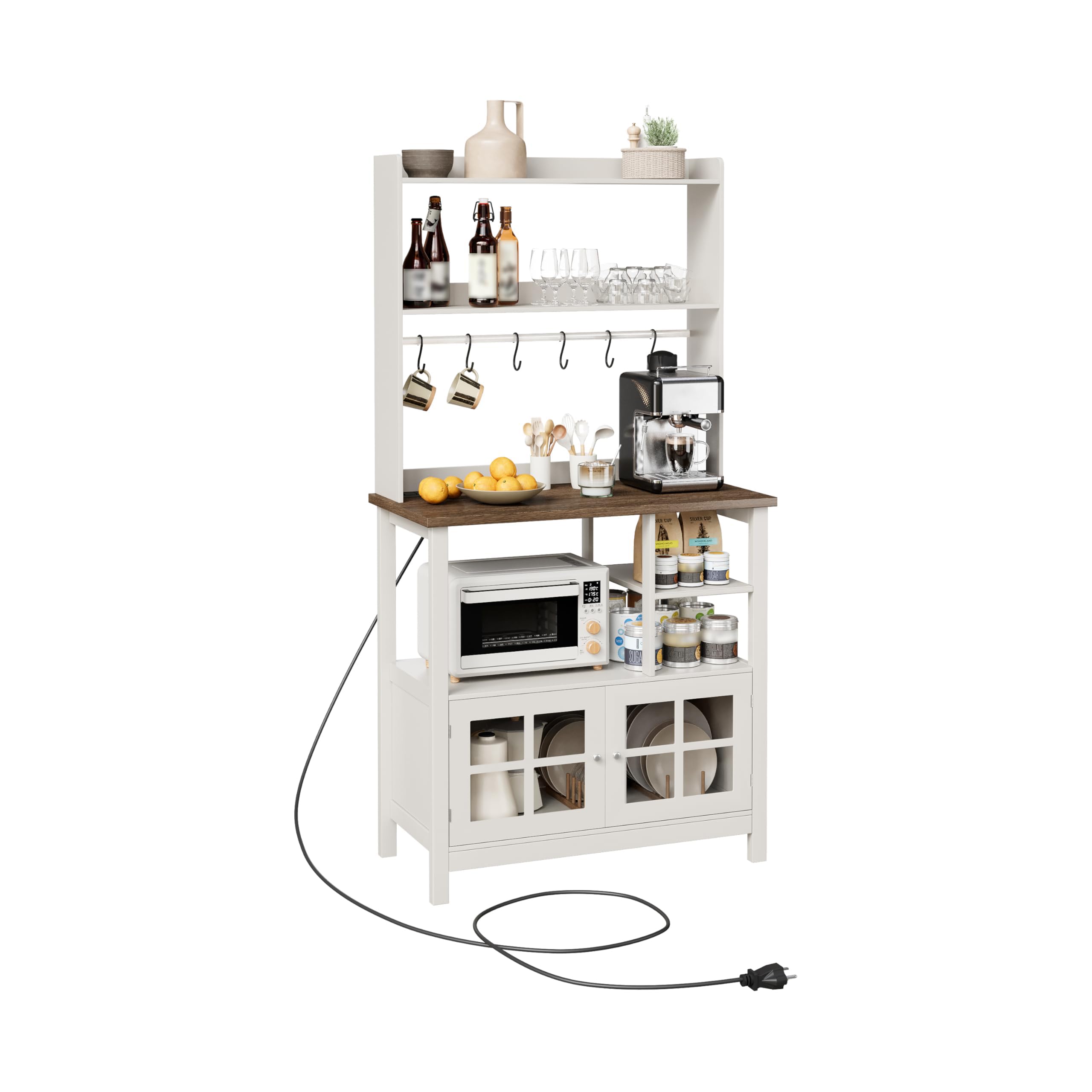ChooChoo Farmhouse Bakers Rack with Power Outlets and Storage, Coffee Bar Cabinet with Storage, Microwave Stand Kitchen Cabinet with Hutch and 6 Hooks, Soft White & Brown - Image 7
