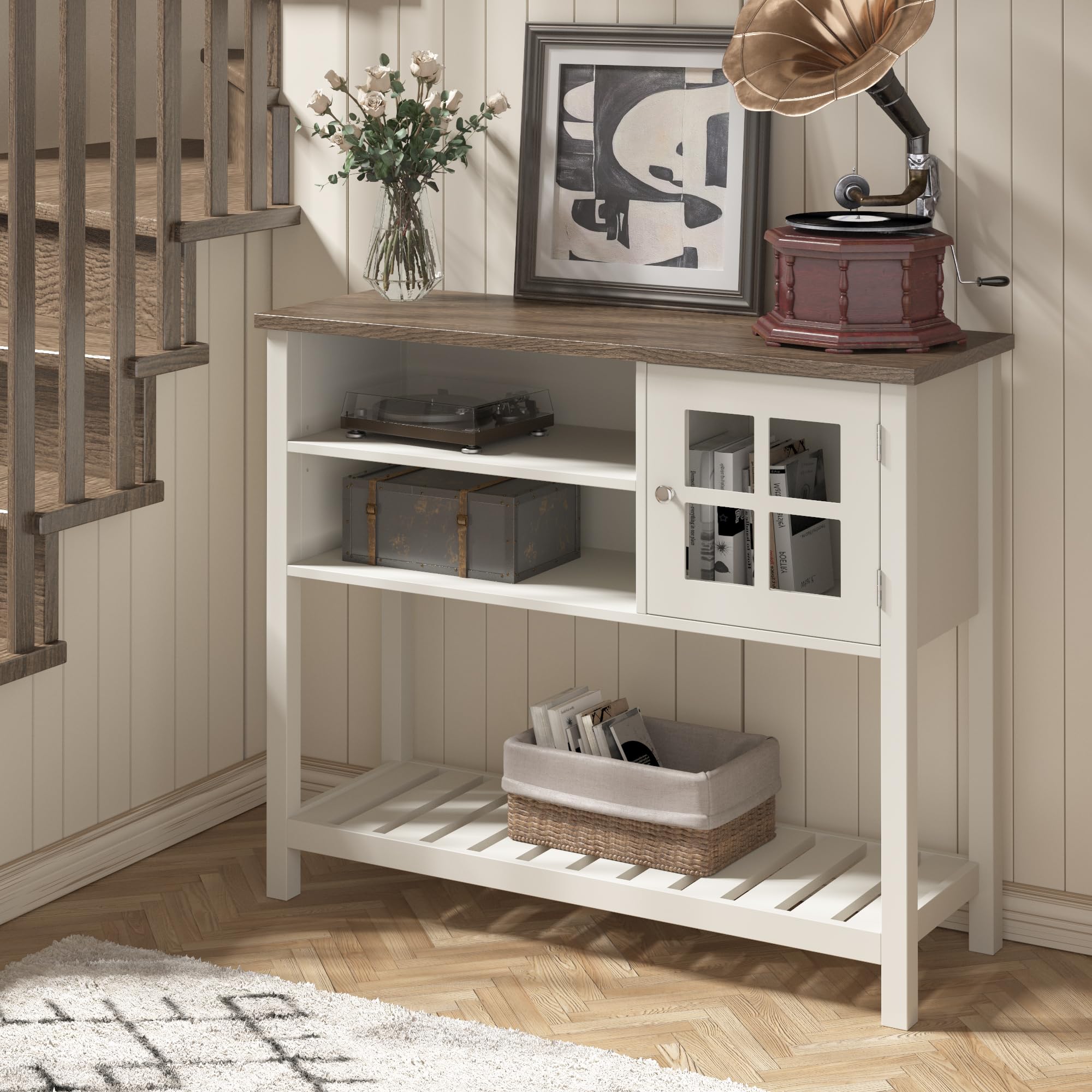 ChooChoo Farmhouse Coffee Bar Cabinet, Buffet Cabinet with Storage, Sideboard Buffet with Glass Door, Console Table for Kitchen, Hallway, Entrance, White - Image 4