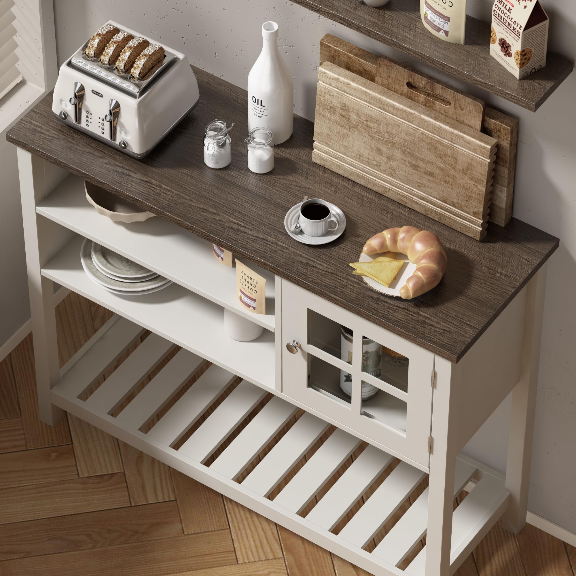 ChooChoo Farmhouse Coffee Bar Cabinet, Buffet Cabinet with Storage, Sideboard Buffet with Glass Door, Console Table for Kitchen, Hallway, Entrance, White - Image 5