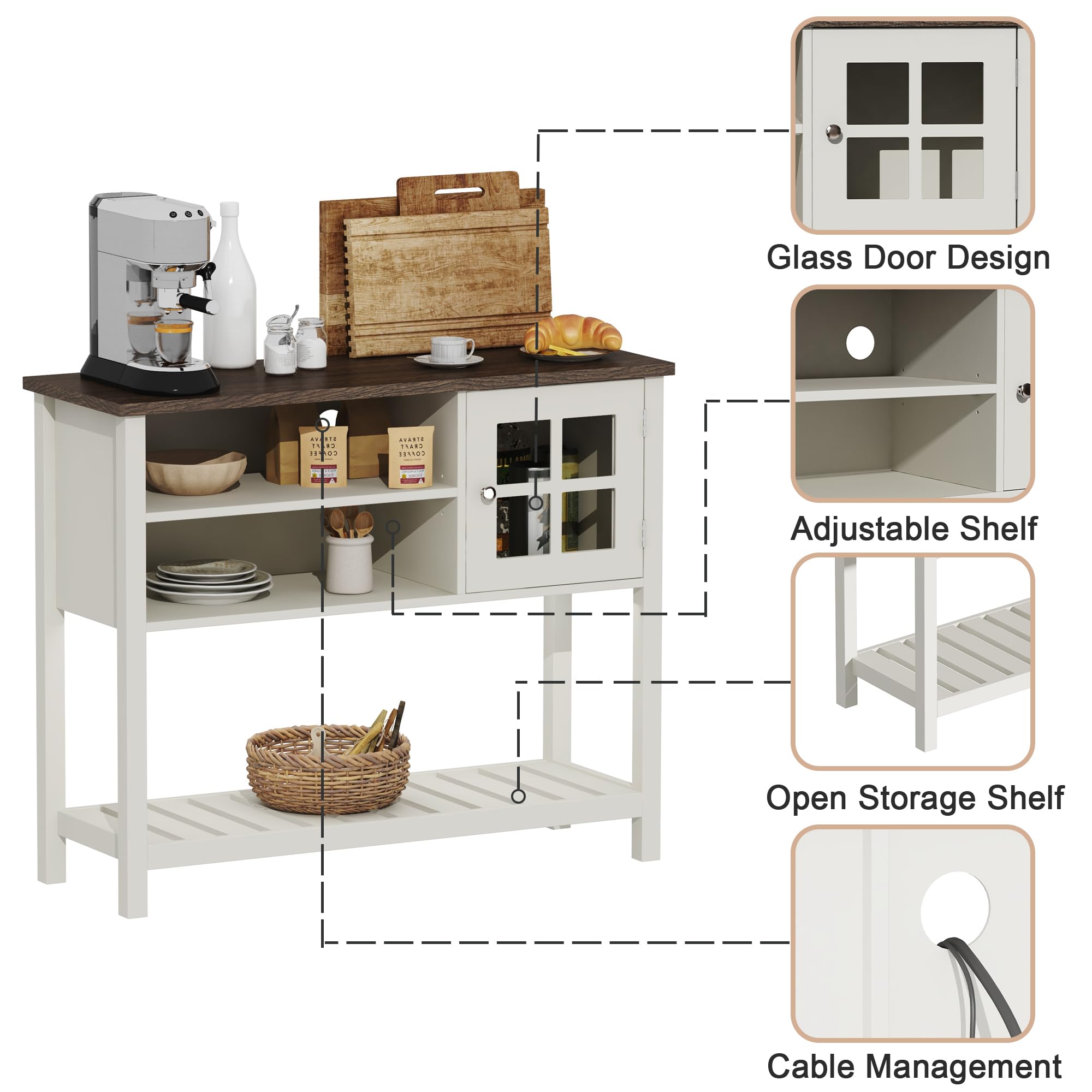 ChooChoo Farmhouse Coffee Bar Cabinet, Buffet Cabinet with Storage, Sideboard Buffet with Glass Door, Console Table for Kitchen, Hallway, Entrance, White - Image 6