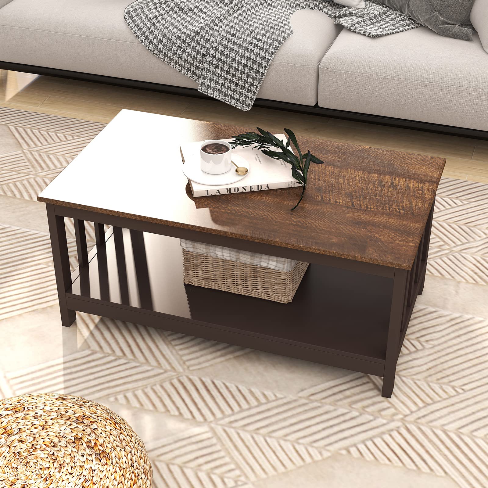 ChooChoo Farmhouse Coffee Table, Espresso Living Room Table with Shelf, 40 Inch - Image 4