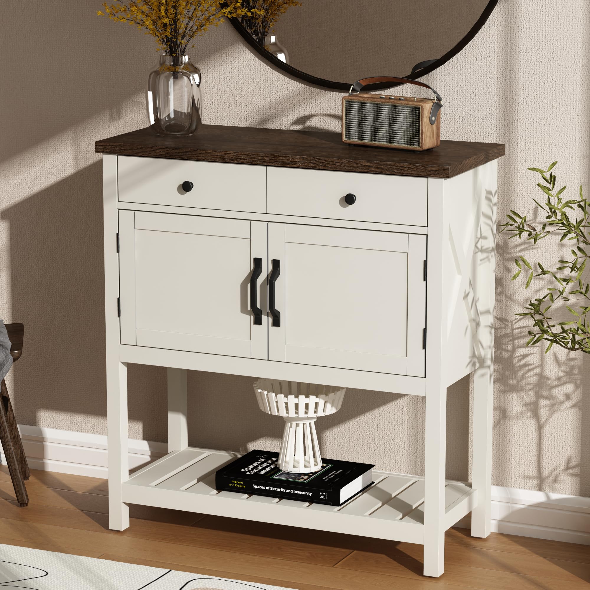 ChooChoo Farmhouse Console Table, Entryway Table with Storage Shelf, Coffee Bar Cabinet, Narrow Buffet Sideboard for Kitchen, Hallway, Living Room, White - Image 3