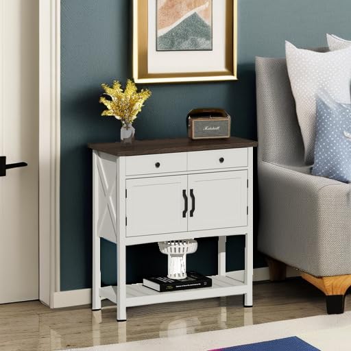 ChooChoo Farmhouse Console Table, Entryway Table with Storage Shelf, Coffee Bar Cabinet, Narrow Buffet Sideboard for Kitchen, Hallway, Living Room, White - Image 6
