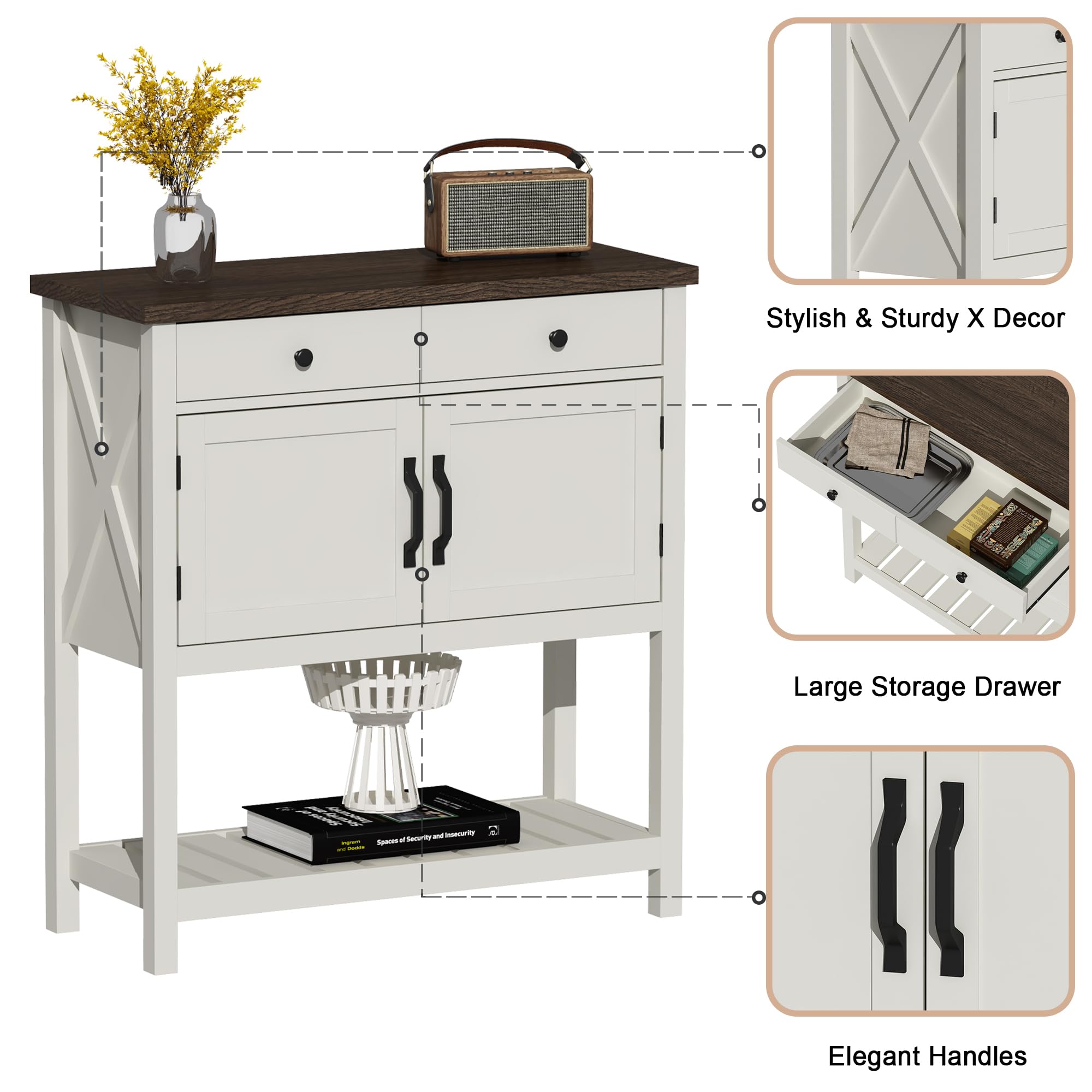 ChooChoo Farmhouse Console Table, Entryway Table with Storage Shelf, Coffee Bar Cabinet, Narrow Buffet Sideboard for Kitchen, Hallway, Living Room, White - Image 8
