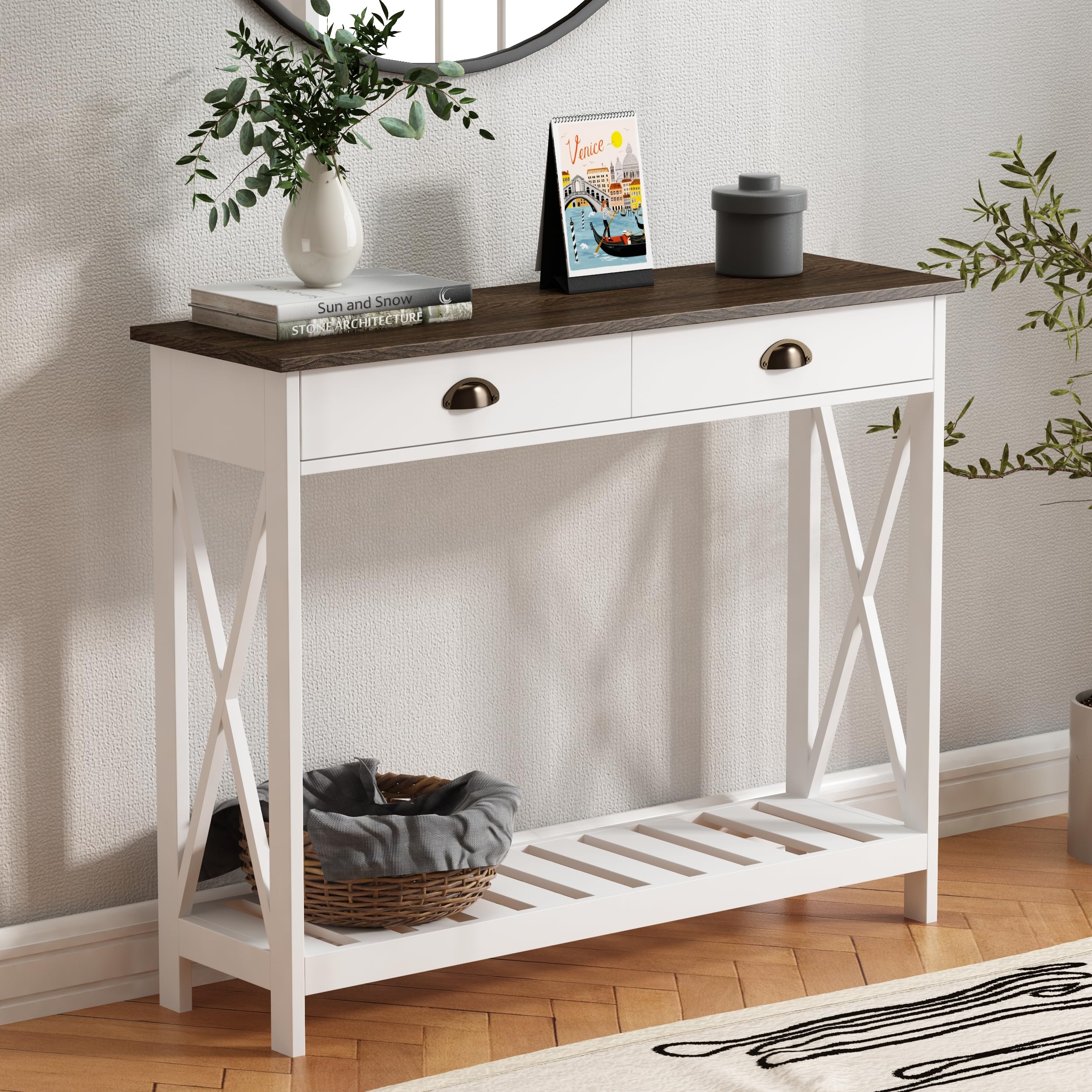 ChooChoo Farmhouse Console Table with Drawer for Entryway, Narrow Long Entry Table with Shelf for Living Room, Rustic Vintage Hallway Sofa Table with Stable X Supports, 40 White - Image 4
