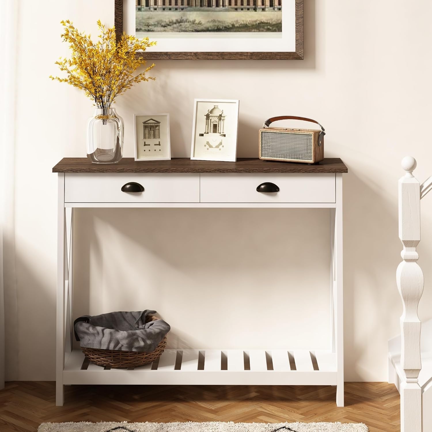 ChooChoo Farmhouse Console Table with Drawer for Entryway, Narrow Long Entry Table with Shelf for Living Room, Rustic Vintage Hallway Sofa Table with Stable X Supports, 40 White - Image 6