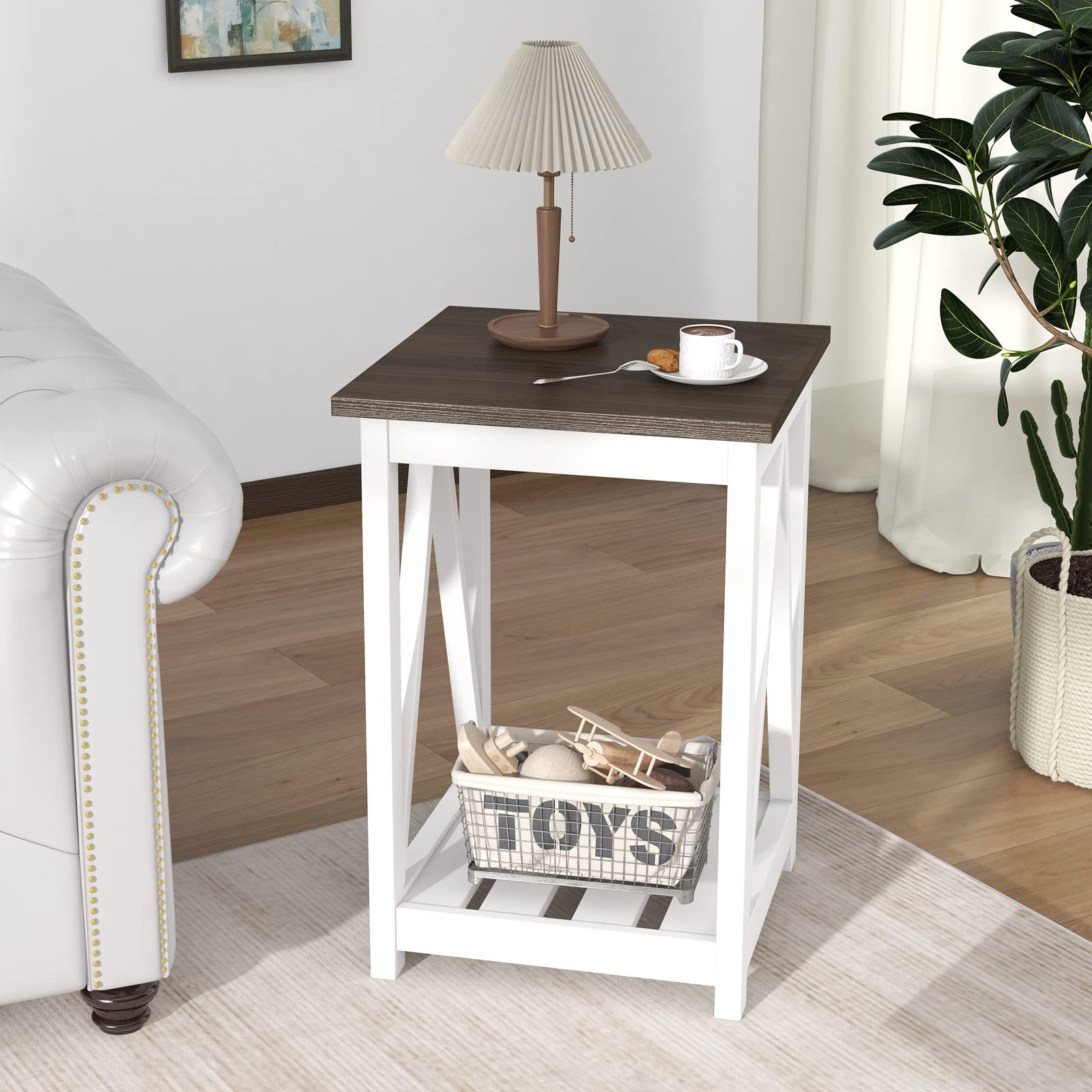 ChooChoo Farmhouse End Table, Rustic Vintage End Side Table with Storage Shelf for Small Spaces, Nightstand Sofa Table for Living Room, Bedroom White 2 Pack - Image 7