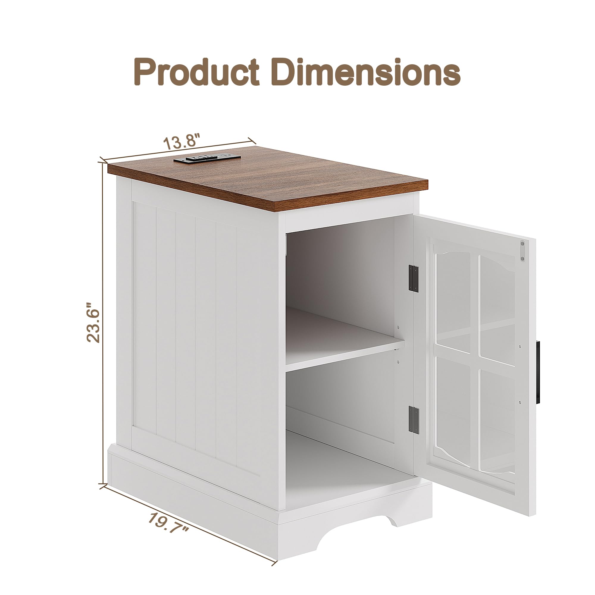 ChooChoo Farmhouse End Table Set of 2 with Charging Station, Nightstand with Adjustable Shelf and Glass Door, White Side Table for Living Room, Bedroom - Image 3