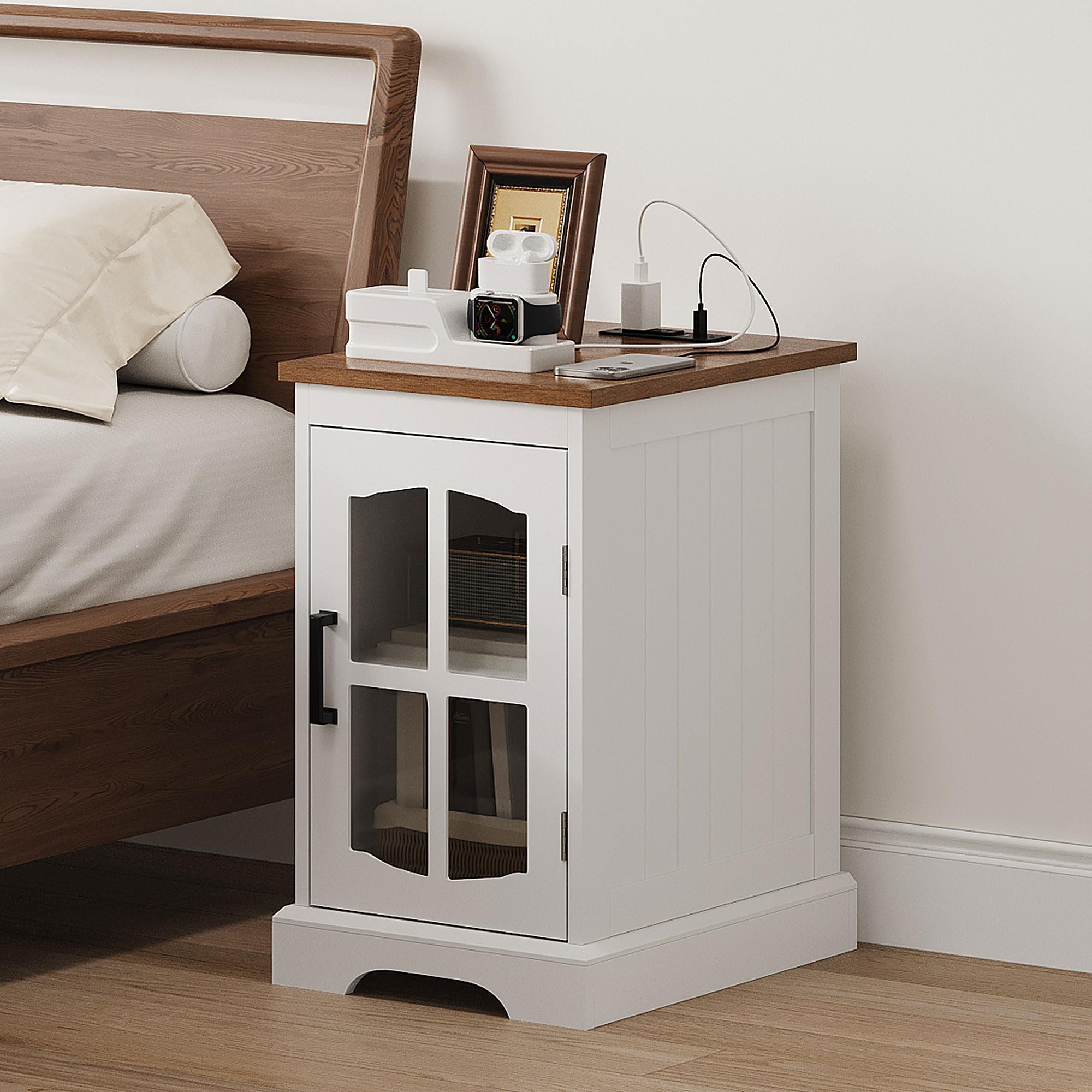 ChooChoo Farmhouse End Table Set of 2 with Charging Station, Nightstand with Adjustable Shelf and Glass Door, White Side Table for Living Room, Bedroom - Image 4