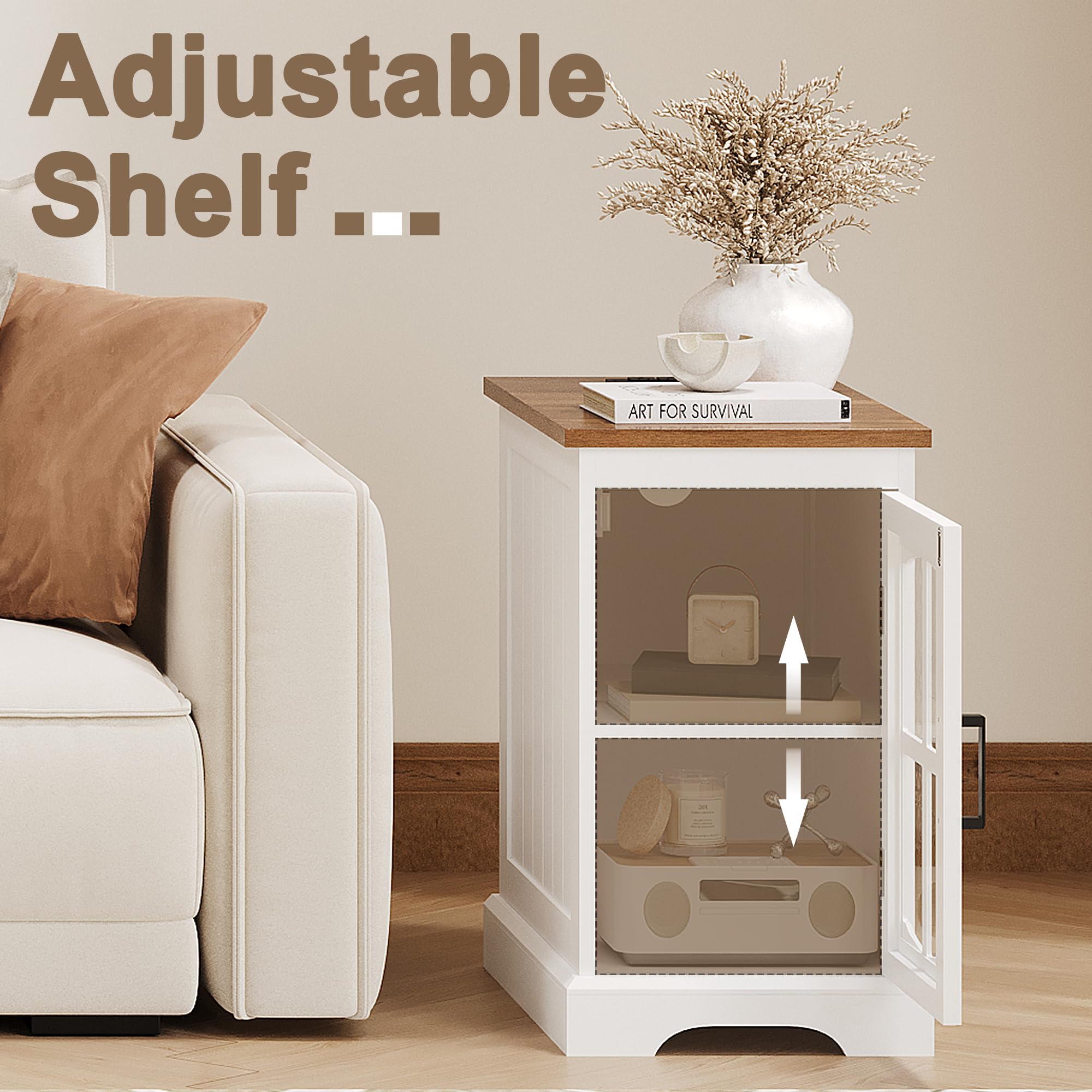 ChooChoo Farmhouse End Table Set of 2 with Charging Station, Nightstand with Adjustable Shelf and Glass Door, White Side Table for Living Room, Bedroom - Image 6