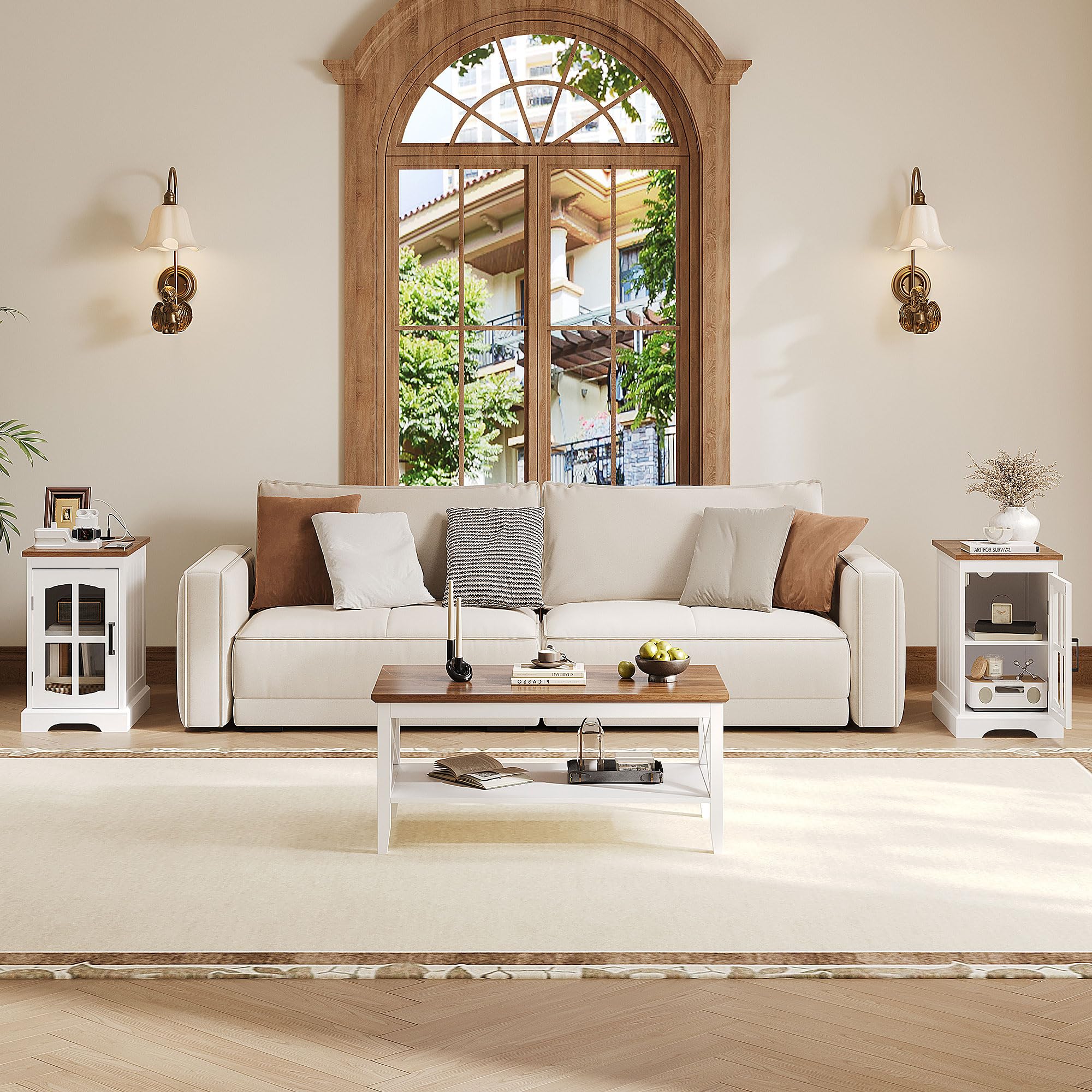 ChooChoo Farmhouse End Table Set of 2 with Charging Station, Nightstand with Adjustable Shelf and Glass Door, White Side Table for Living Room, Bedroom - Image 7