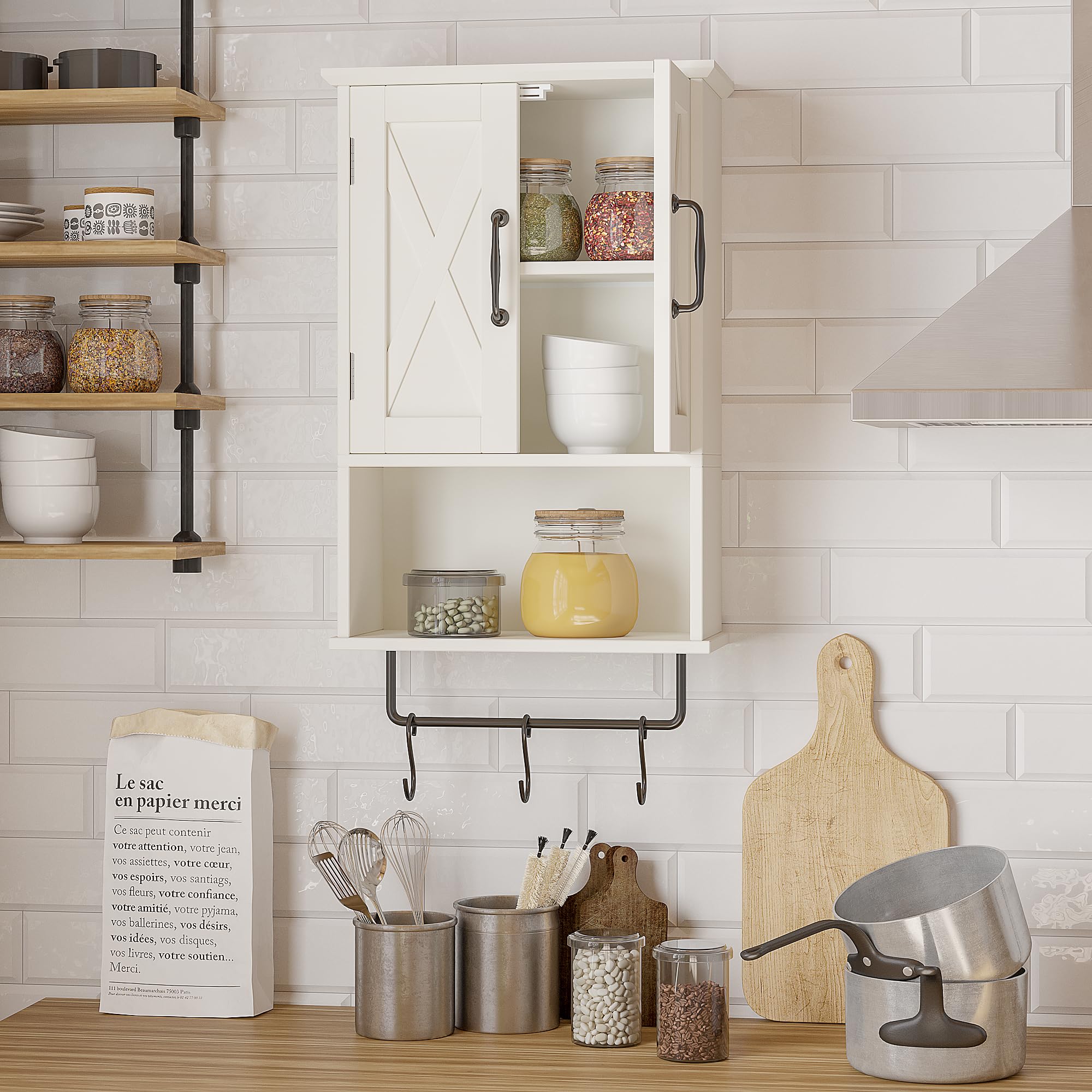 ChooChoo Farmhouse Medicine Cabinet, Bathroom Wall Cabinet with Adjustable Shelf, Towel Bar, 3 Hooks, Over The Toilet Storage Cabinet for Bathroom, Kitchen, White - Image 4