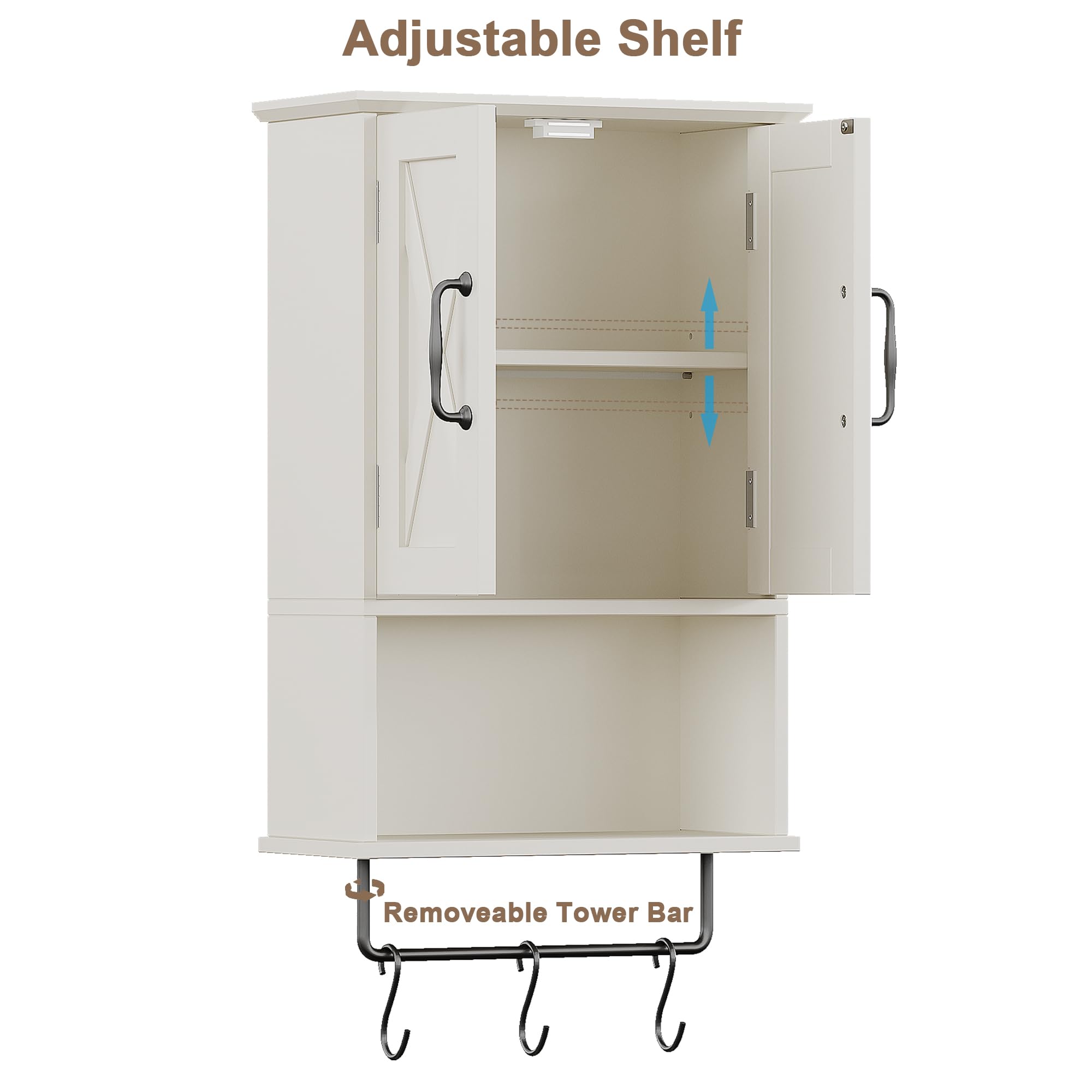 ChooChoo Farmhouse Medicine Cabinet, Bathroom Wall Cabinet with Adjustable Shelf, Towel Bar, 3 Hooks, Over The Toilet Storage Cabinet for Bathroom, Kitchen, White - Image 5