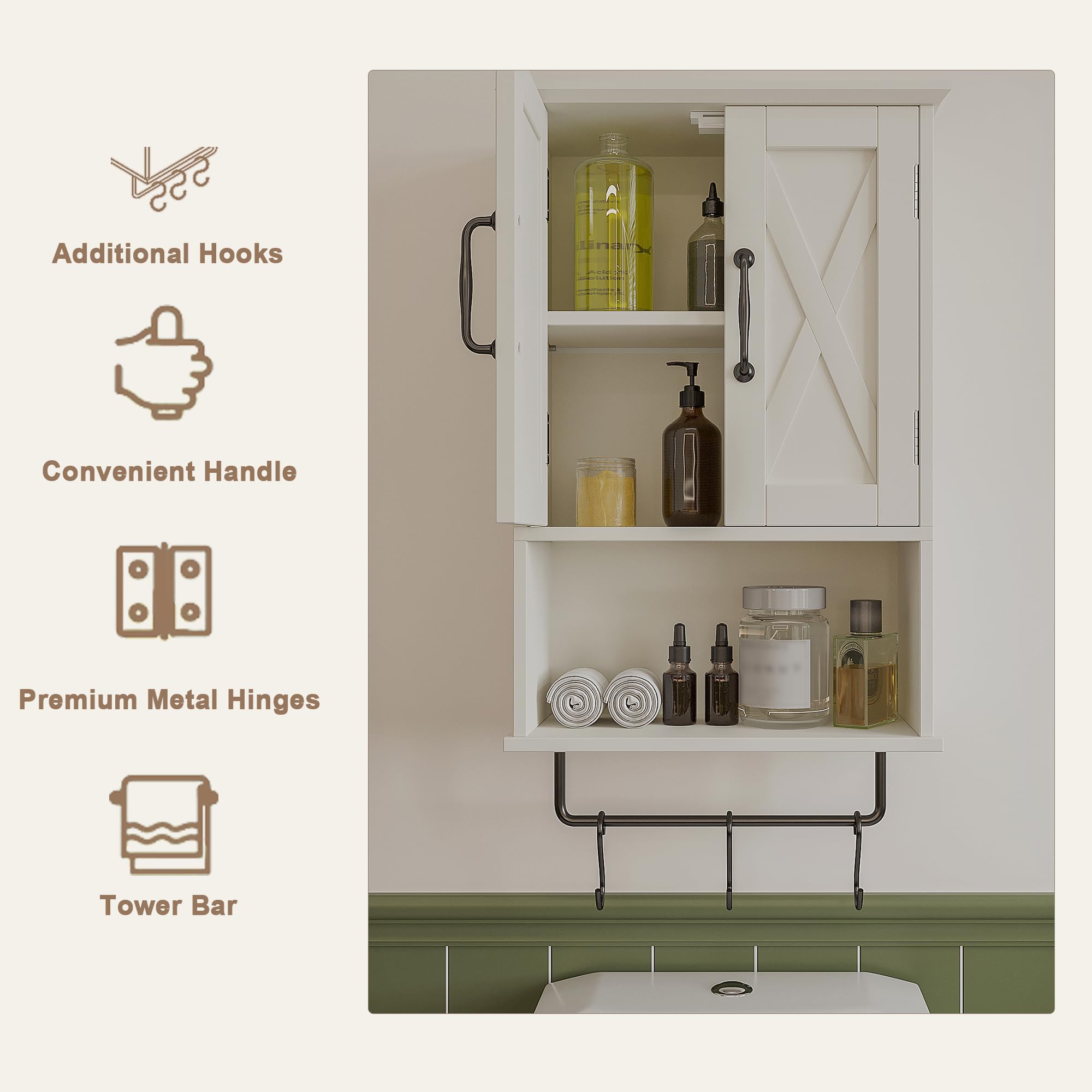 ChooChoo Farmhouse Medicine Cabinet, Bathroom Wall Cabinet with Adjustable Shelf, Towel Bar, 3 Hooks, Over The Toilet Storage Cabinet for Bathroom, Kitchen, White - Image 7