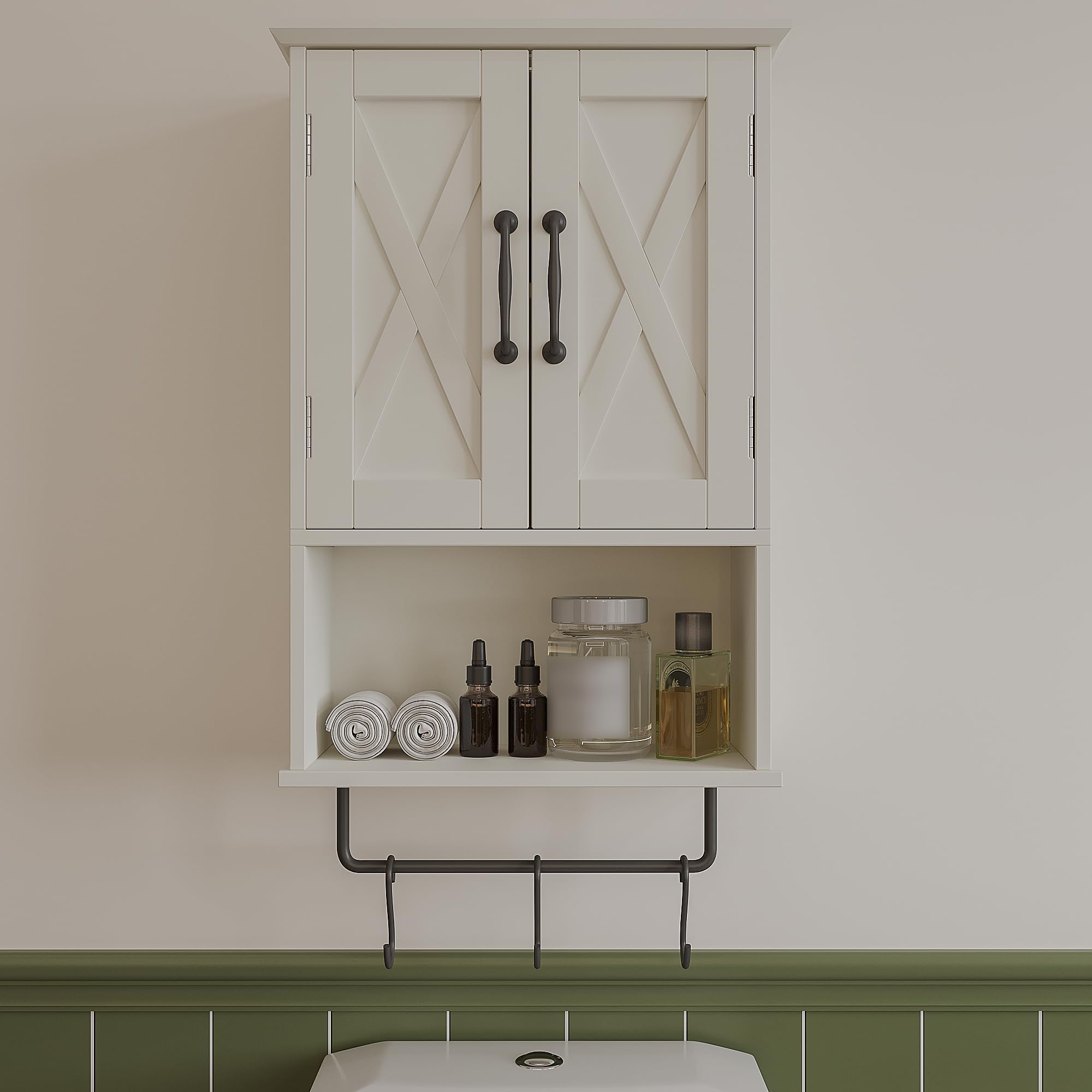 ChooChoo Farmhouse Medicine Cabinet, Bathroom Wall Cabinet with Adjustable Shelf, Towel Bar, 3 Hooks, Over The Toilet Storage Cabinet for Bathroom, Kitchen, White - Image 8