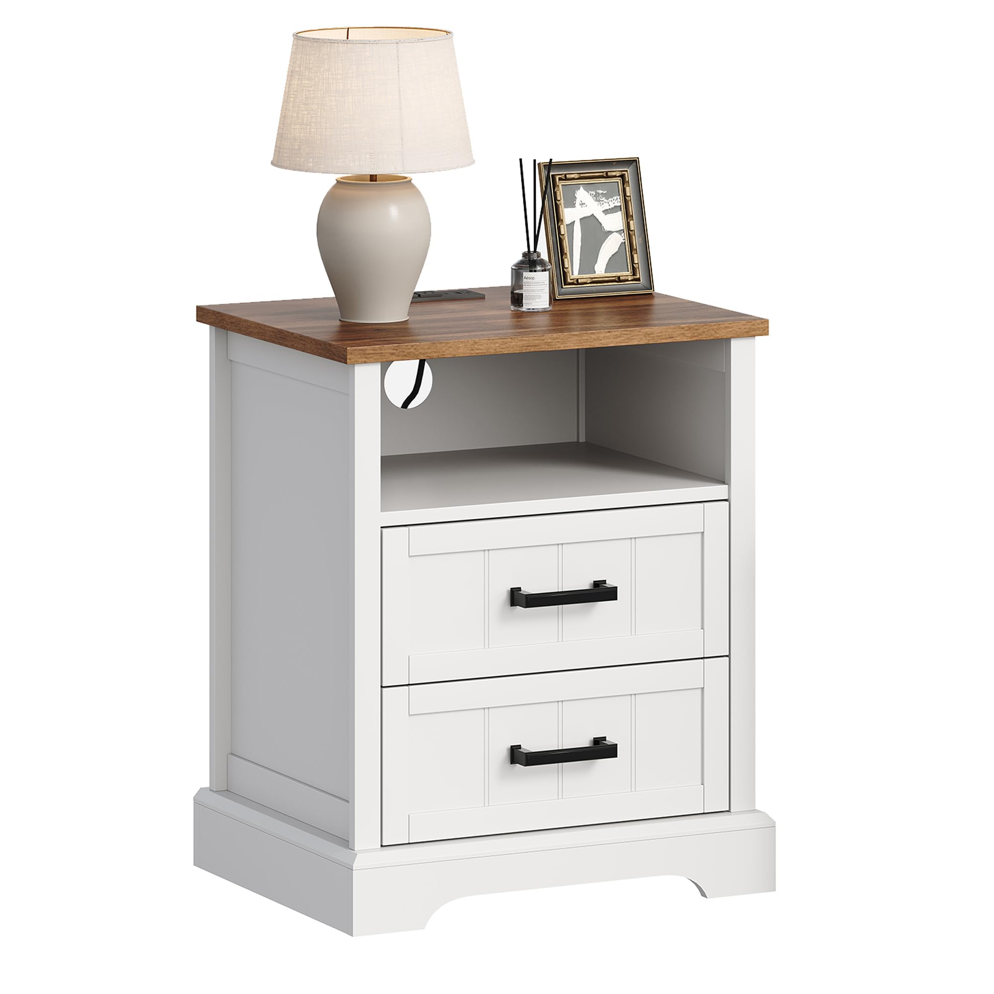 ChooChoo Farmhouse Night Stands with Charging Station, Wood Nightstand with 2 Drawers, Bedside Table with Open Storage Shelf for Bedroom, White - Image 8