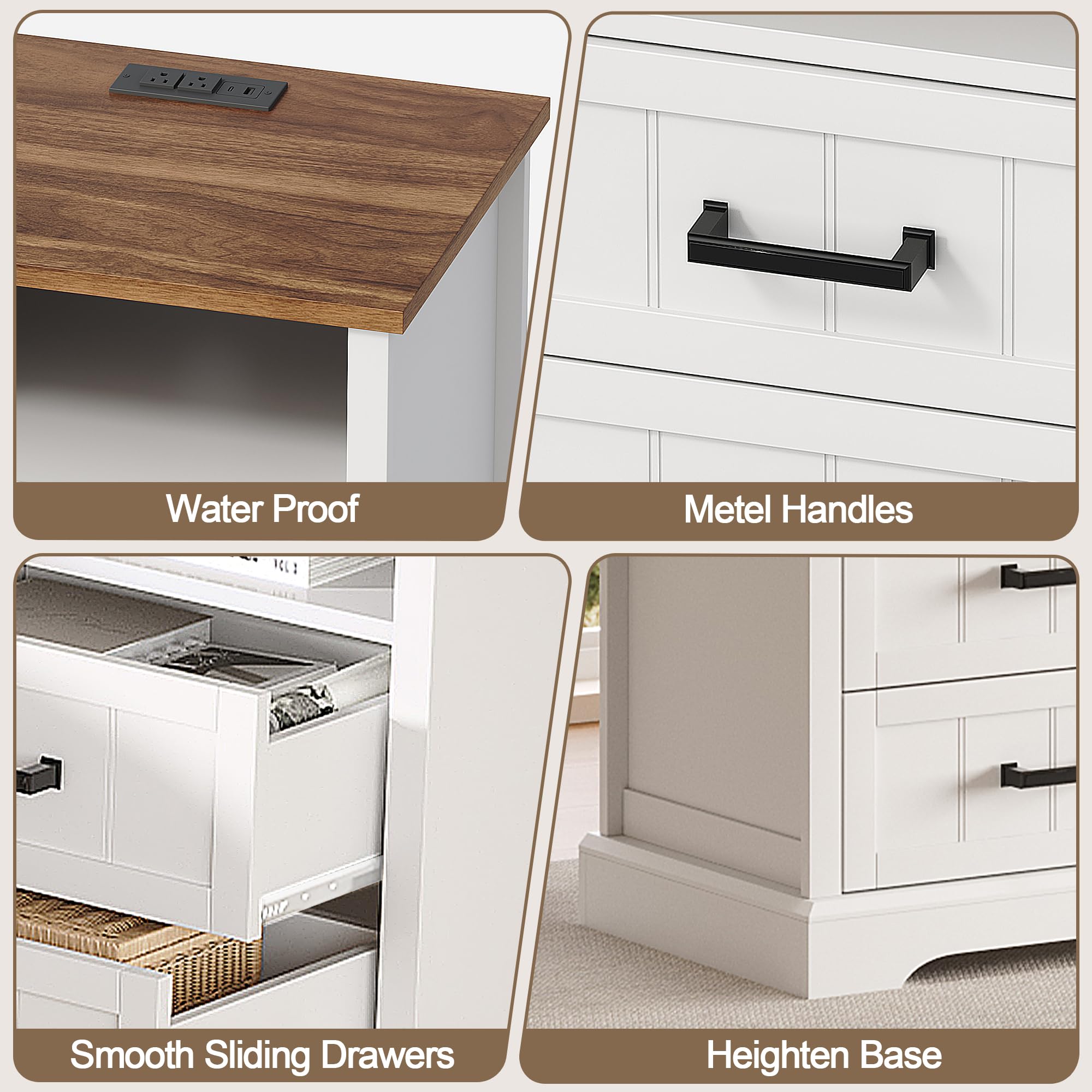 ChooChoo Farmhouse Night Stands with Charging Station, Wood Nightstand Set of 2 with 2 Drawers, Bedside Table with Open Storage Shelf for Bedroom, White - Image 5