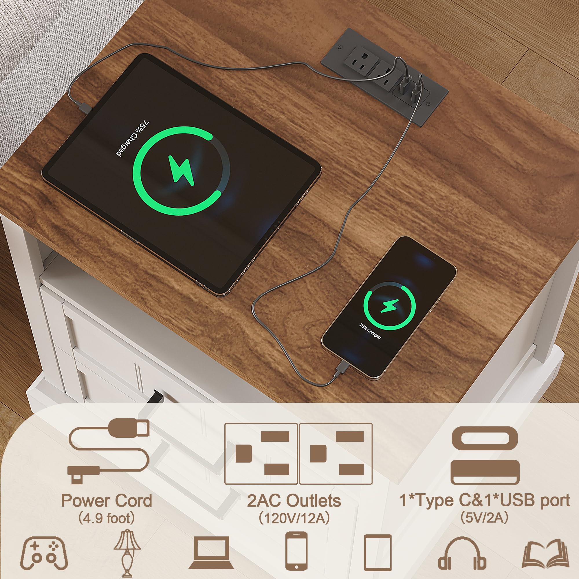 ChooChoo Farmhouse Night Stands with Charging Station, Wood Nightstand Set of 2 with 2 Drawers, Bedside Table with Open Storage Shelf for Bedroom, White - Image 6