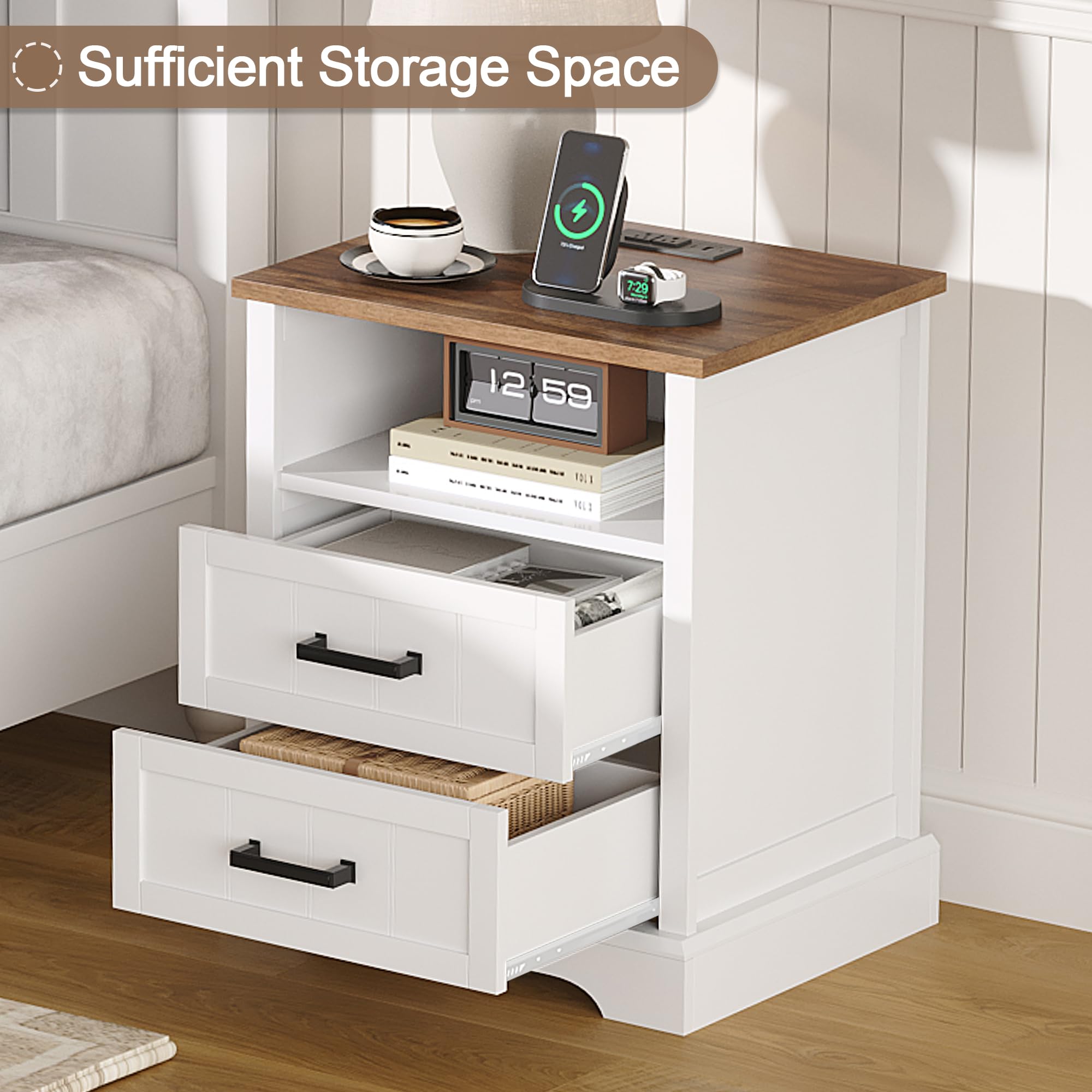 ChooChoo Farmhouse Night Stands with Charging Station, Wood Nightstand Set of 2 with 2 Drawers, Bedside Table with Open Storage Shelf for Bedroom, White - Image 7