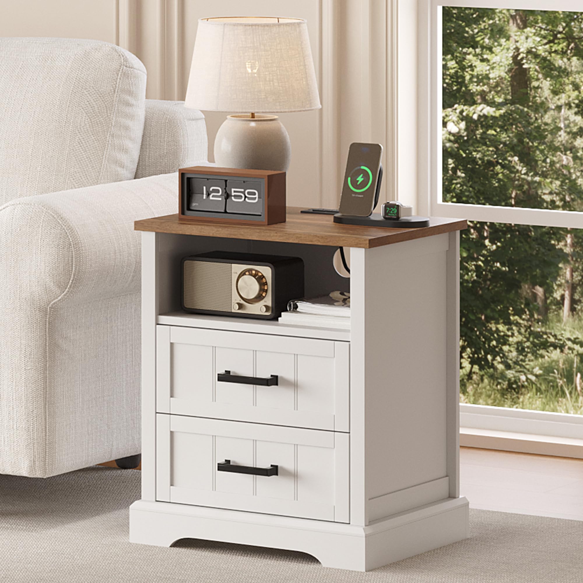 ChooChoo Farmhouse Night Stands with Charging Station, Wood Nightstand Set of 2 with 2 Drawers, Bedside Table with Open Storage Shelf for Bedroom, White - Image 8