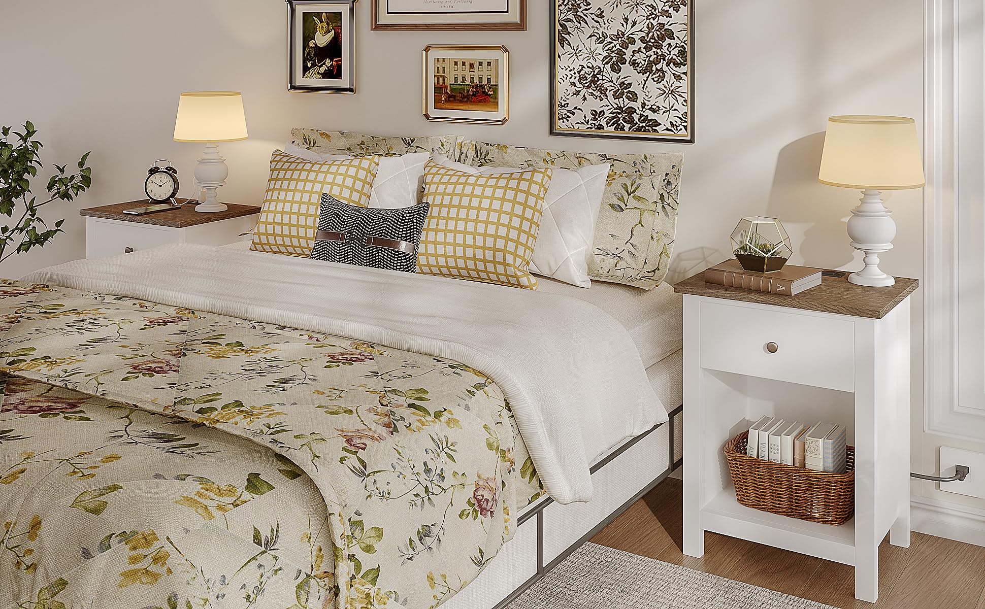 ChooChoo Farmhouse Nightstand Set of 2,Night Stand with Charging Station, Wooden Top Bedside End Table with Drawer and Storage Space for Bedroom, White - Image 3