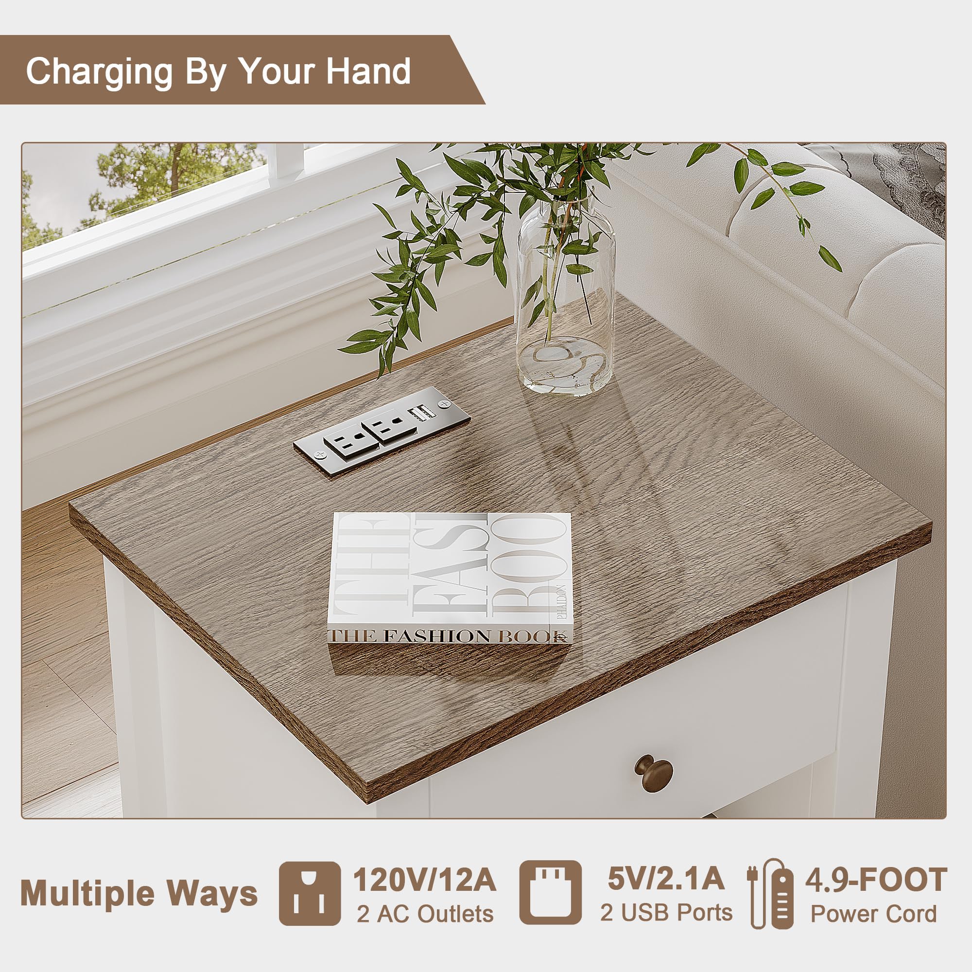 ChooChoo Farmhouse Nightstand Set of 2,Night Stand with Charging Station, Wooden Top Bedside End Table with Drawer and Storage Space for Bedroom, White - Image 4