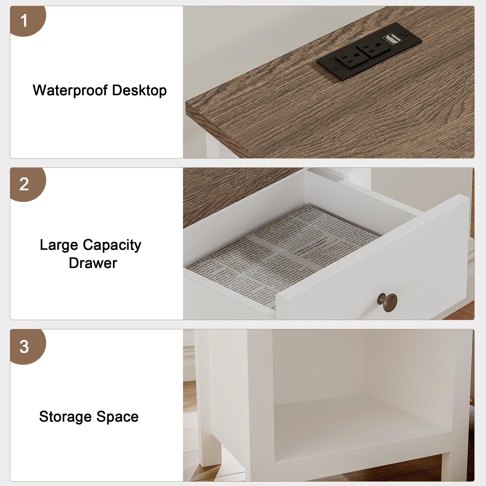 ChooChoo Farmhouse Nightstand Set of 2,Night Stand with Charging Station, Wooden Top Bedside End Table with Drawer and Storage Space for Bedroom, White - Image 5