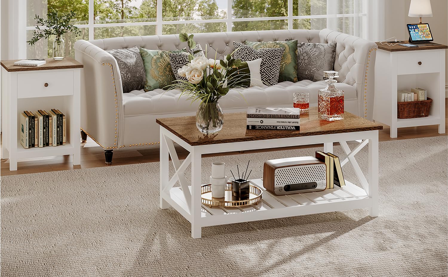 ChooChoo Farmhouse Nightstand Set of 2,Night Stand with Charging Station, Wooden Top Bedside End Table with Drawer and Storage Space for Bedroom, White - Image 6