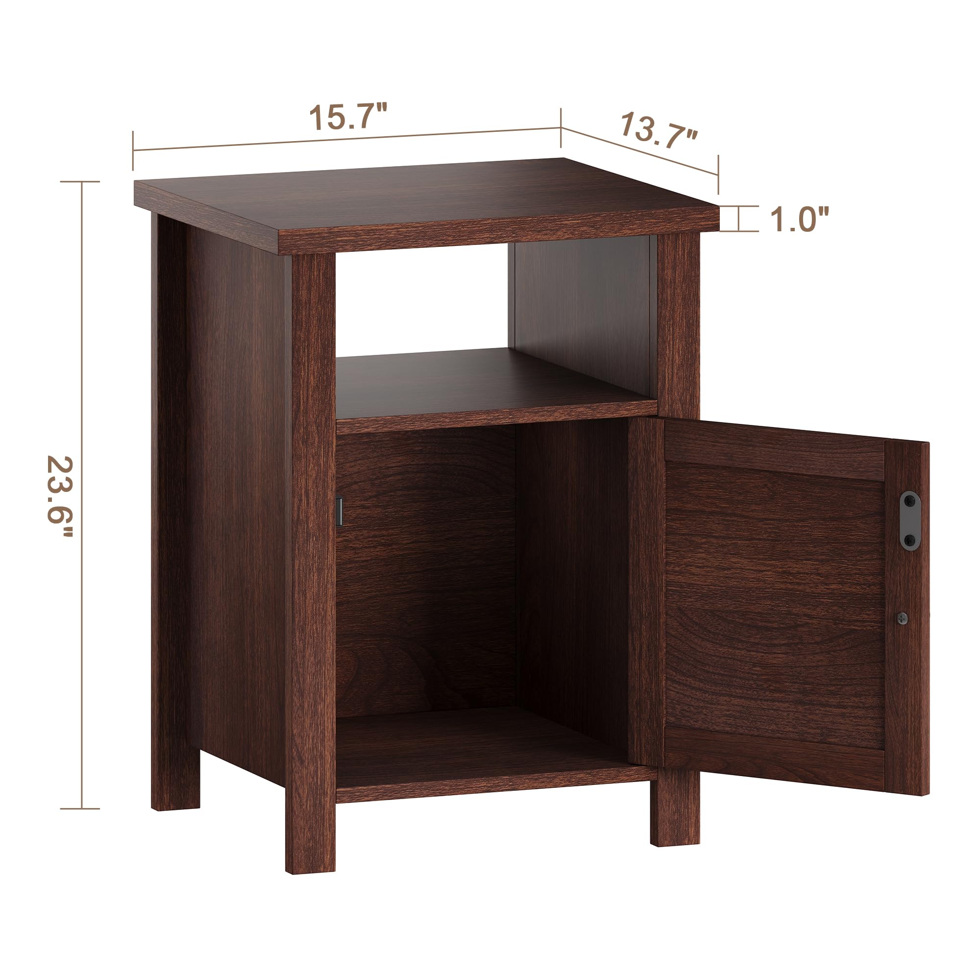 ChooChoo Farmhouse Nightstands Set of 2, Rustic Vintage End Side Table with Storage and Open Shelf, Small Bedside Tables for Bedroom, Walnut - Image 3