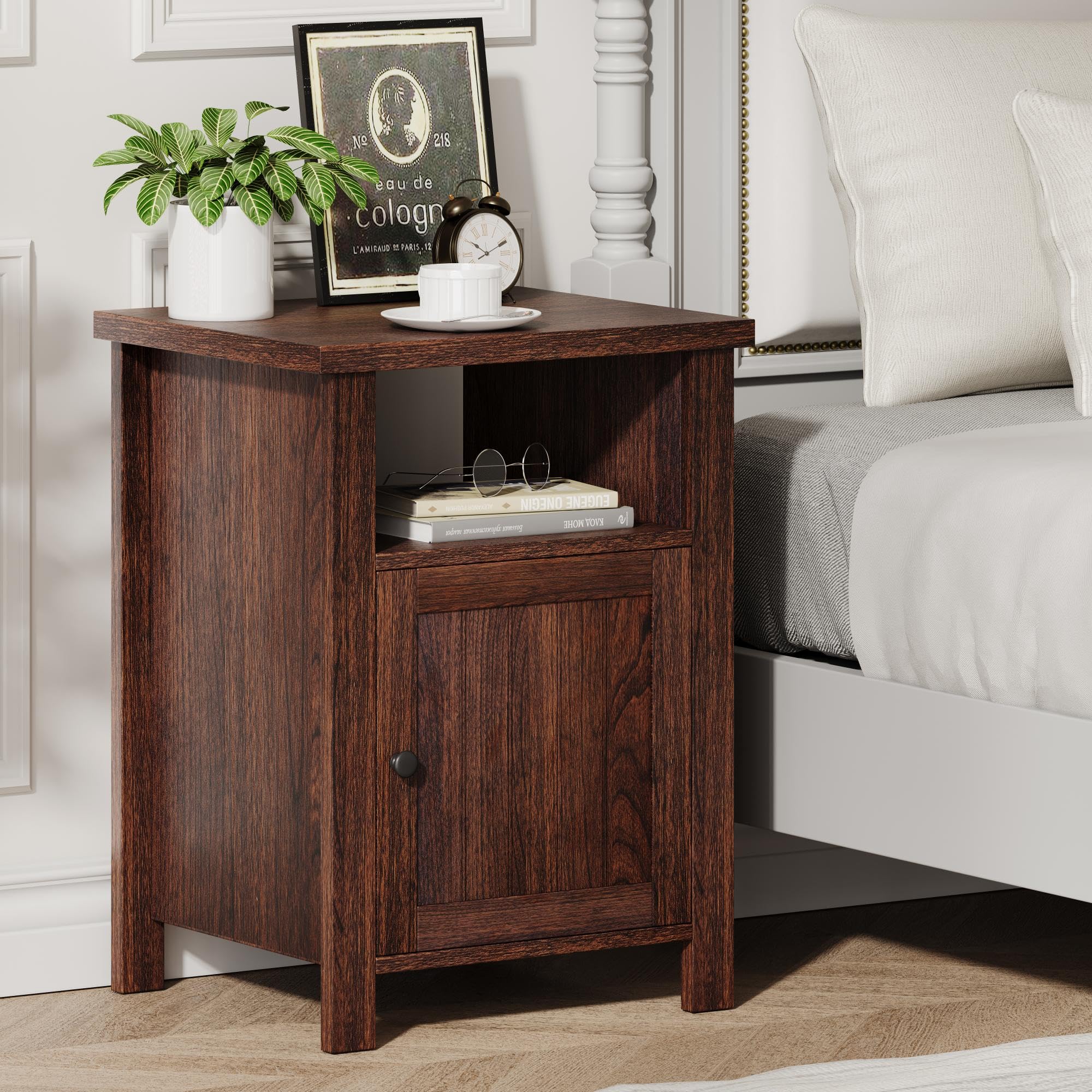 ChooChoo Farmhouse Nightstands Set of 2, Rustic Vintage End Side Table with Storage and Open Shelf, Small Bedside Tables for Bedroom, Walnut - Image 4