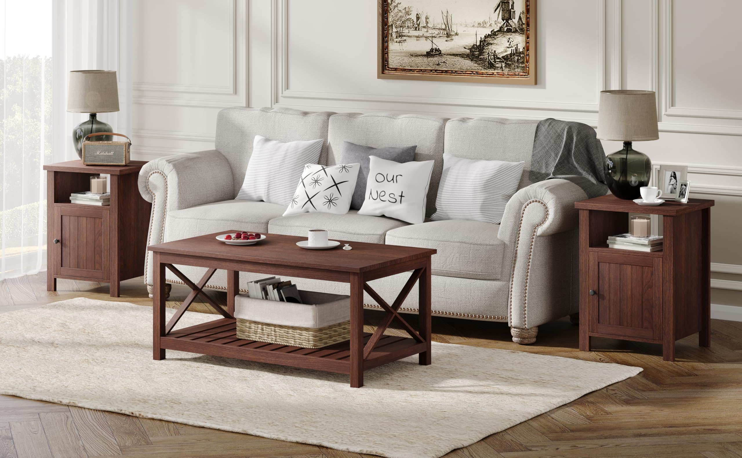 ChooChoo Farmhouse Nightstands Set of 2, Rustic Vintage End Side Table with Storage and Open Shelf, Small Bedside Tables for Bedroom, Walnut - Image 5