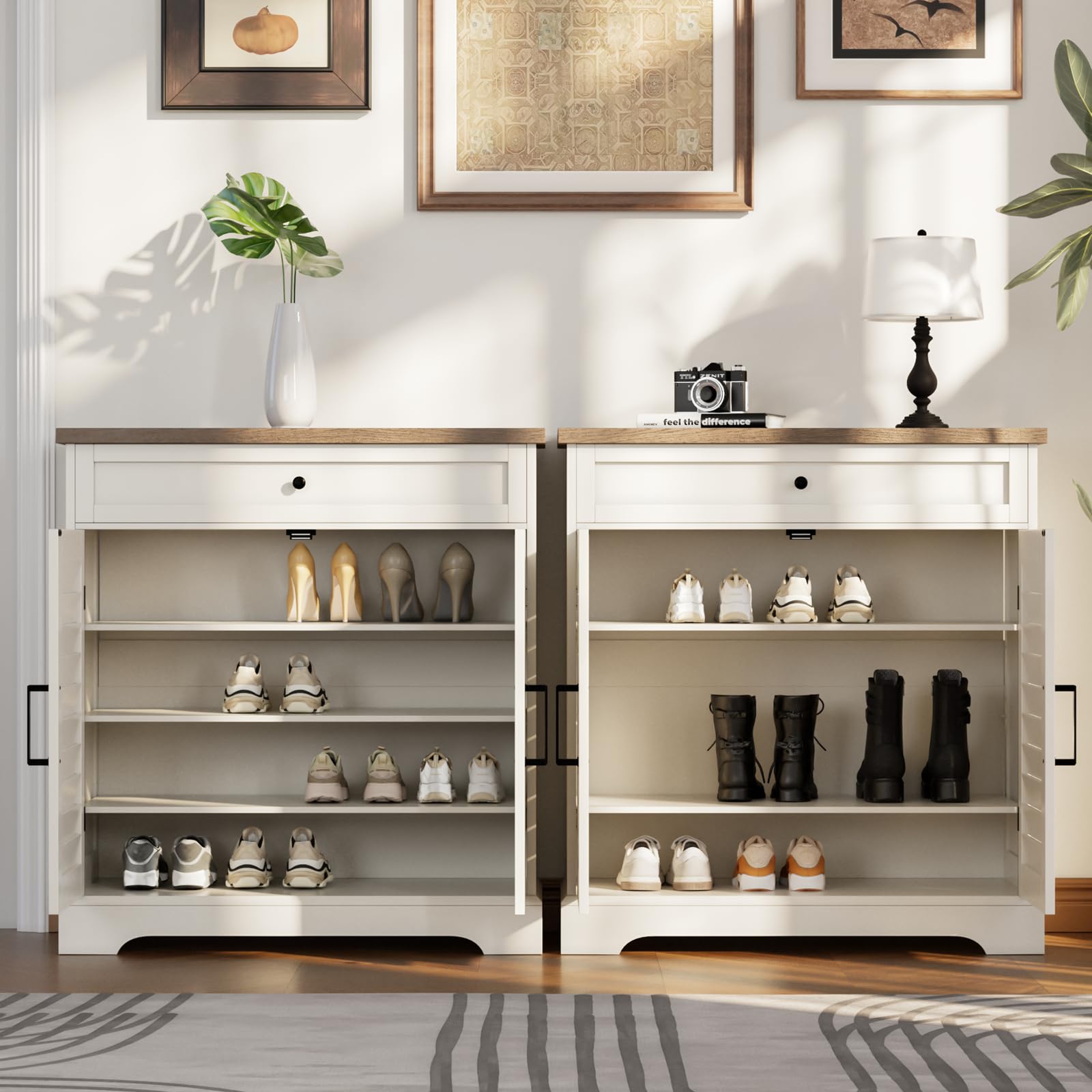 ChooChoo Farmhouse Shoe Cabinet with Doors, 4-Tier Shoe Storage Cabinet with Drawer and Shelves, Wooden Shoe Rack Organizer for Entryway, Hallway, Closet, White - Image 4