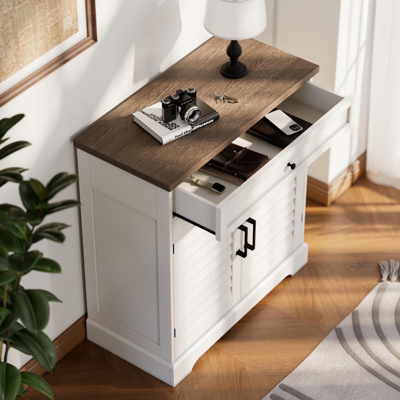 ChooChoo Farmhouse Shoe Cabinet with Doors, 4-Tier Shoe Storage Cabinet with Drawer and Shelves, Wooden Shoe Rack Organizer for Entryway, Hallway, Closet, White - Image 5