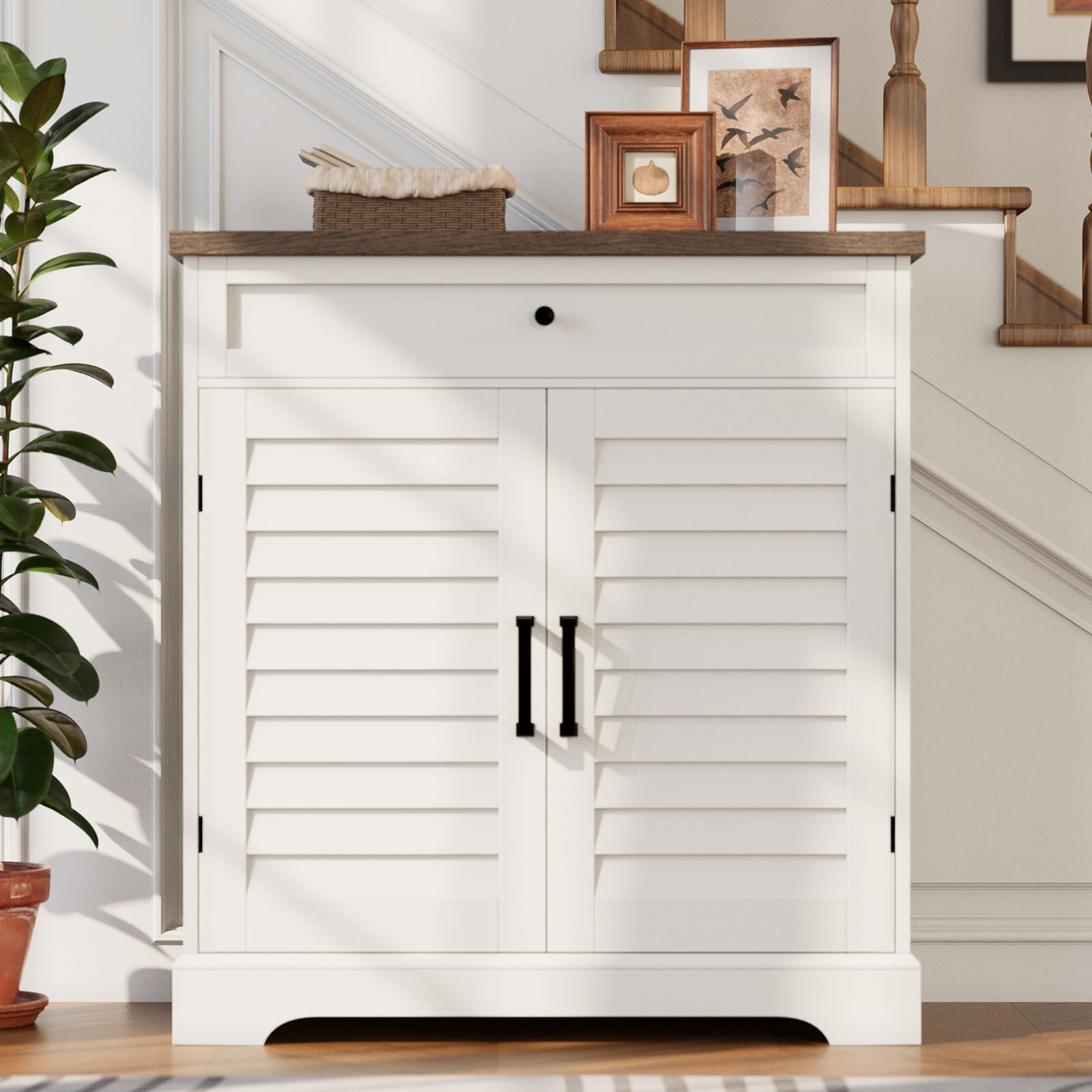 ChooChoo Farmhouse Shoe Cabinet with Doors, 4-Tier Shoe Storage Cabinet with Drawer and Shelves, Wooden Shoe Rack Organizer for Entryway, Hallway, Closet, White - Image 6