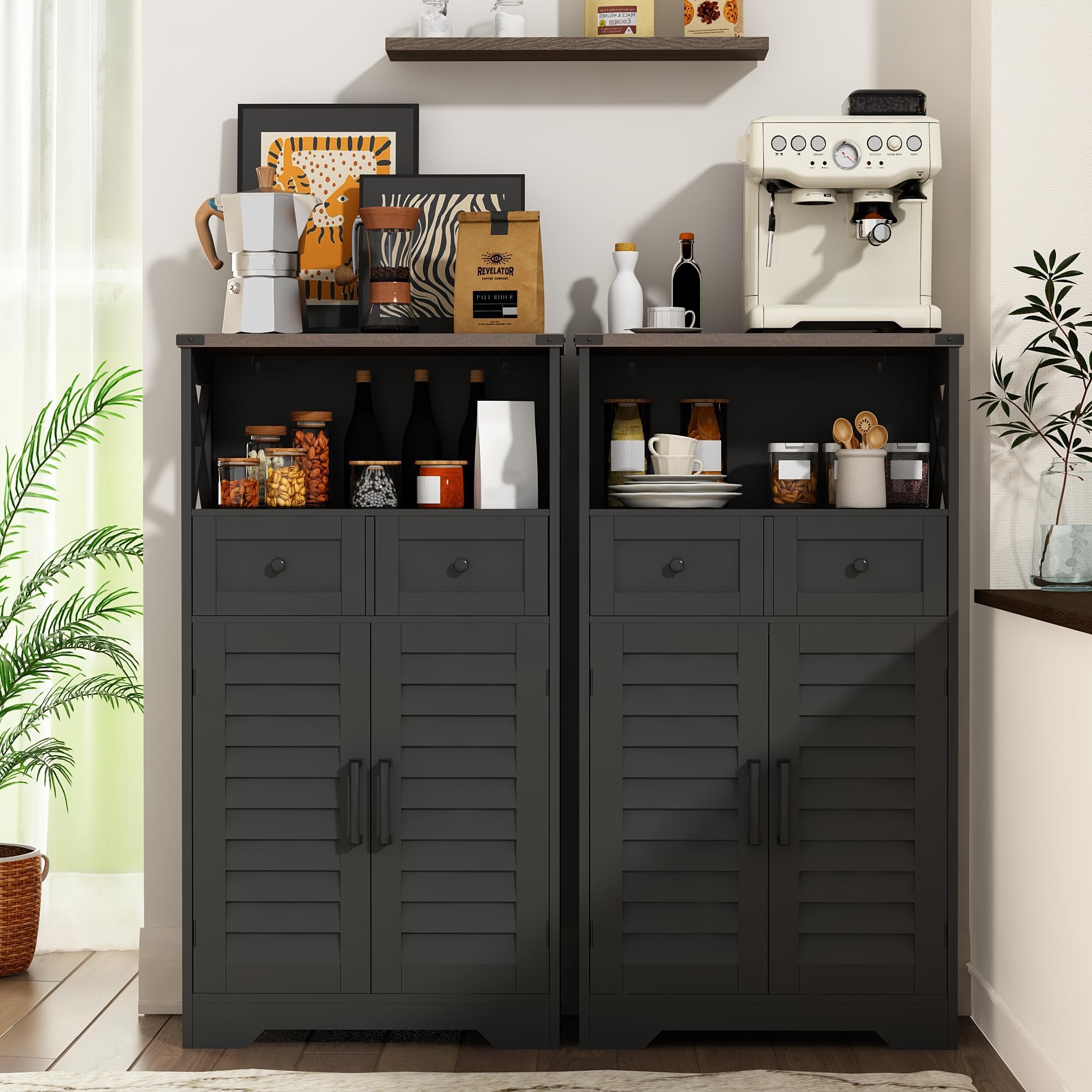 ChooChoo Farmhouse Storage Cabinet, Bathroom Floor Cabinet with Doors and Drawers, Kitchen Pantry Cabinet for Living Room, Laundry, Black - Image 4