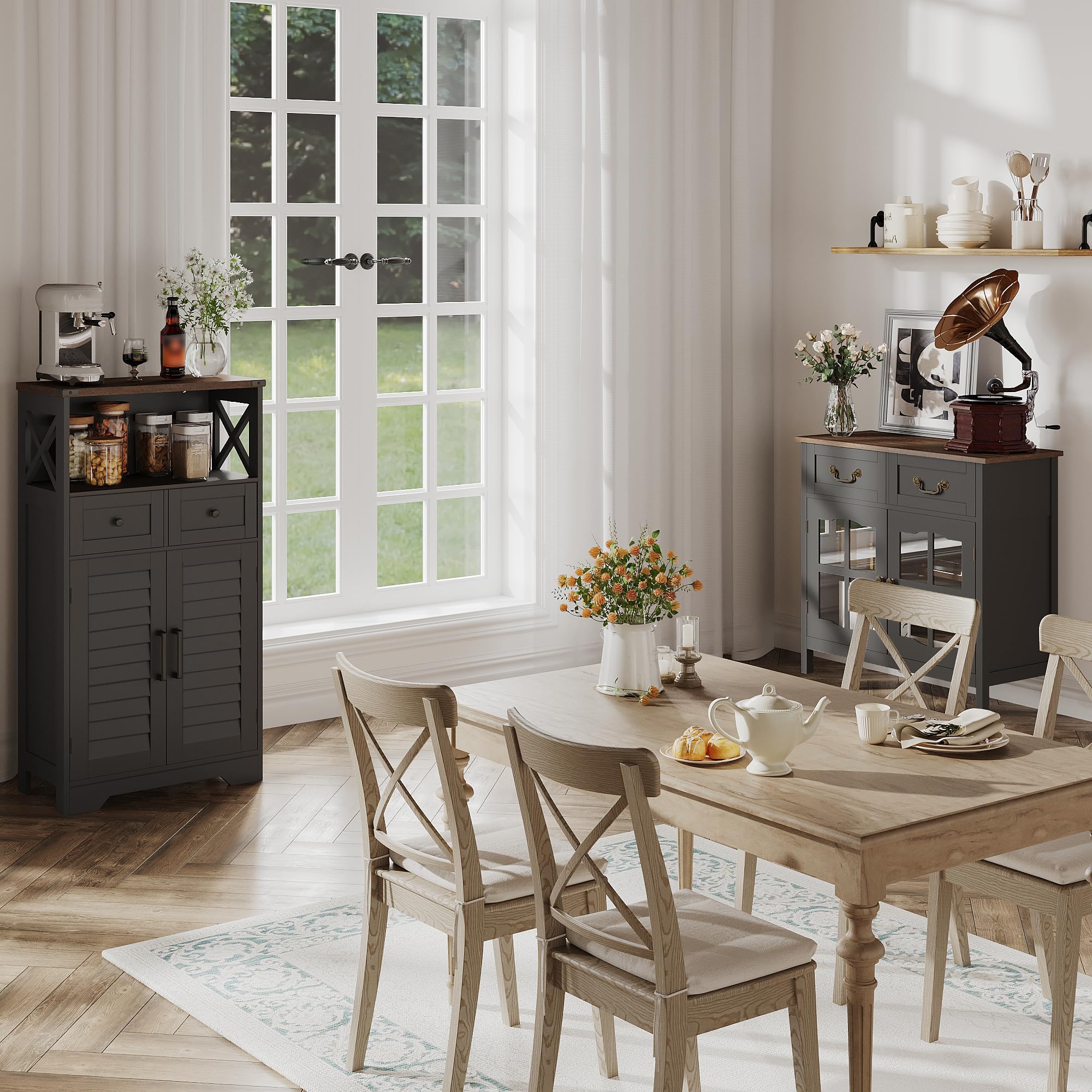 ChooChoo Farmhouse Storage Cabinet, Bathroom Floor Cabinet with Doors and Drawers, Kitchen Pantry Cabinet for Living Room, Laundry, Black - Image 5