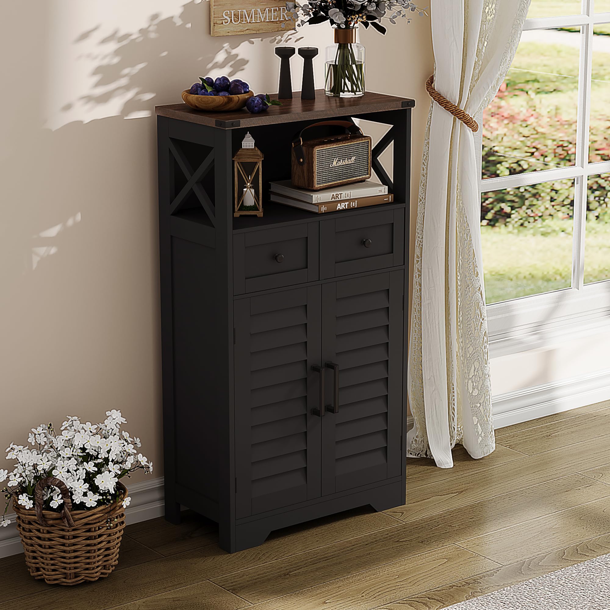 ChooChoo Farmhouse Storage Cabinet, Bathroom Floor Cabinet with Doors and Drawers, Kitchen Pantry Cabinet for Living Room, Laundry, Black - Image 6