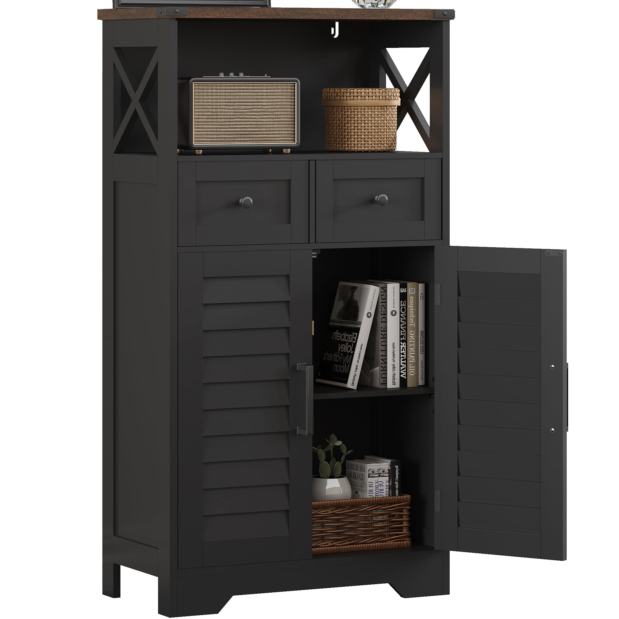 ChooChoo Farmhouse Storage Cabinet, Bathroom Floor Cabinet with Doors and Drawers, Kitchen Pantry Cabinet for Living Room, Laundry, Black - Image 7