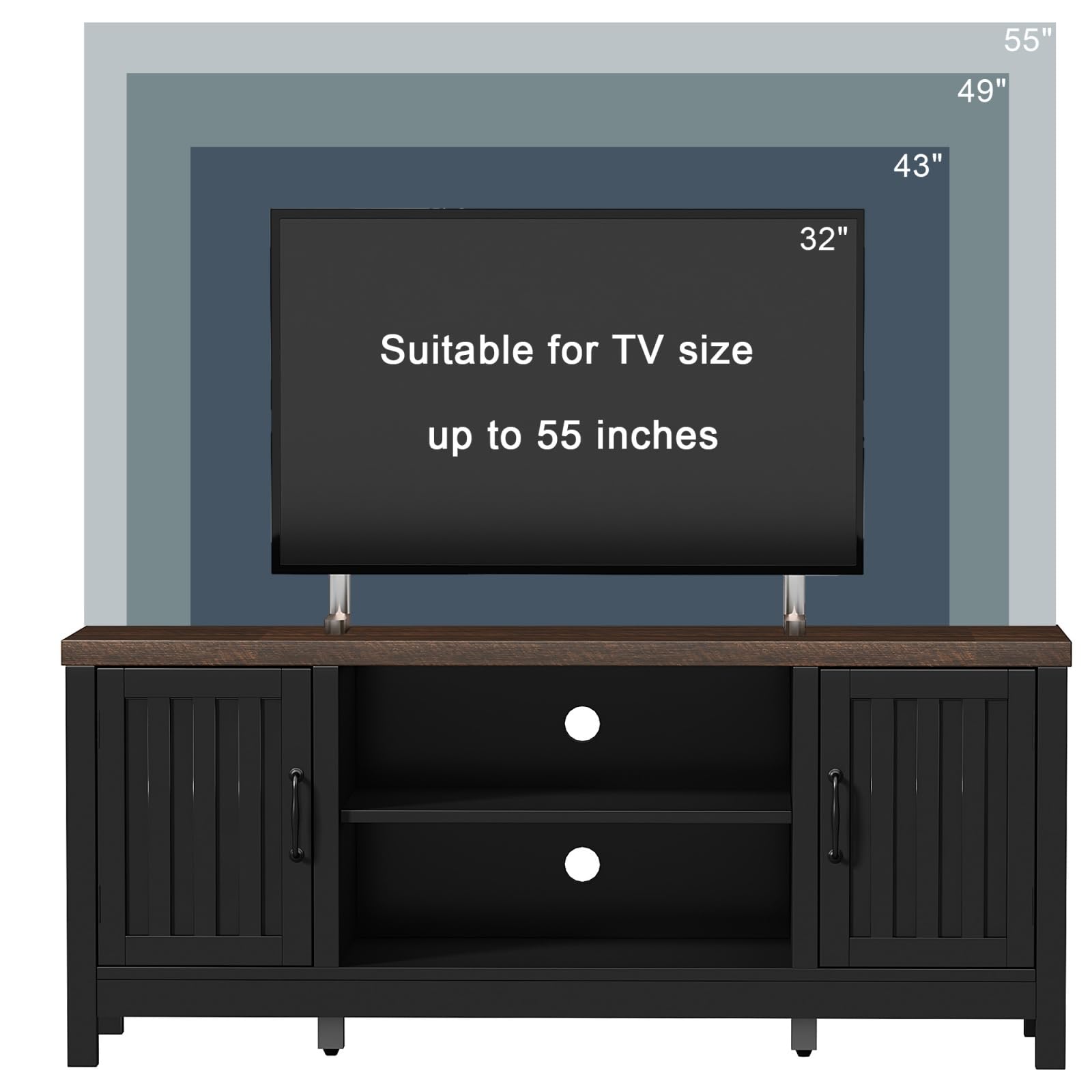 ChooChoo Farmhouse TV Stand for Televisions up to 55 inches, Entertainment Center Console Table Media Furniture with Storage Cabinets and Open Shelves, Fluted Door, for Living Room Bedroom, Black - Image 4